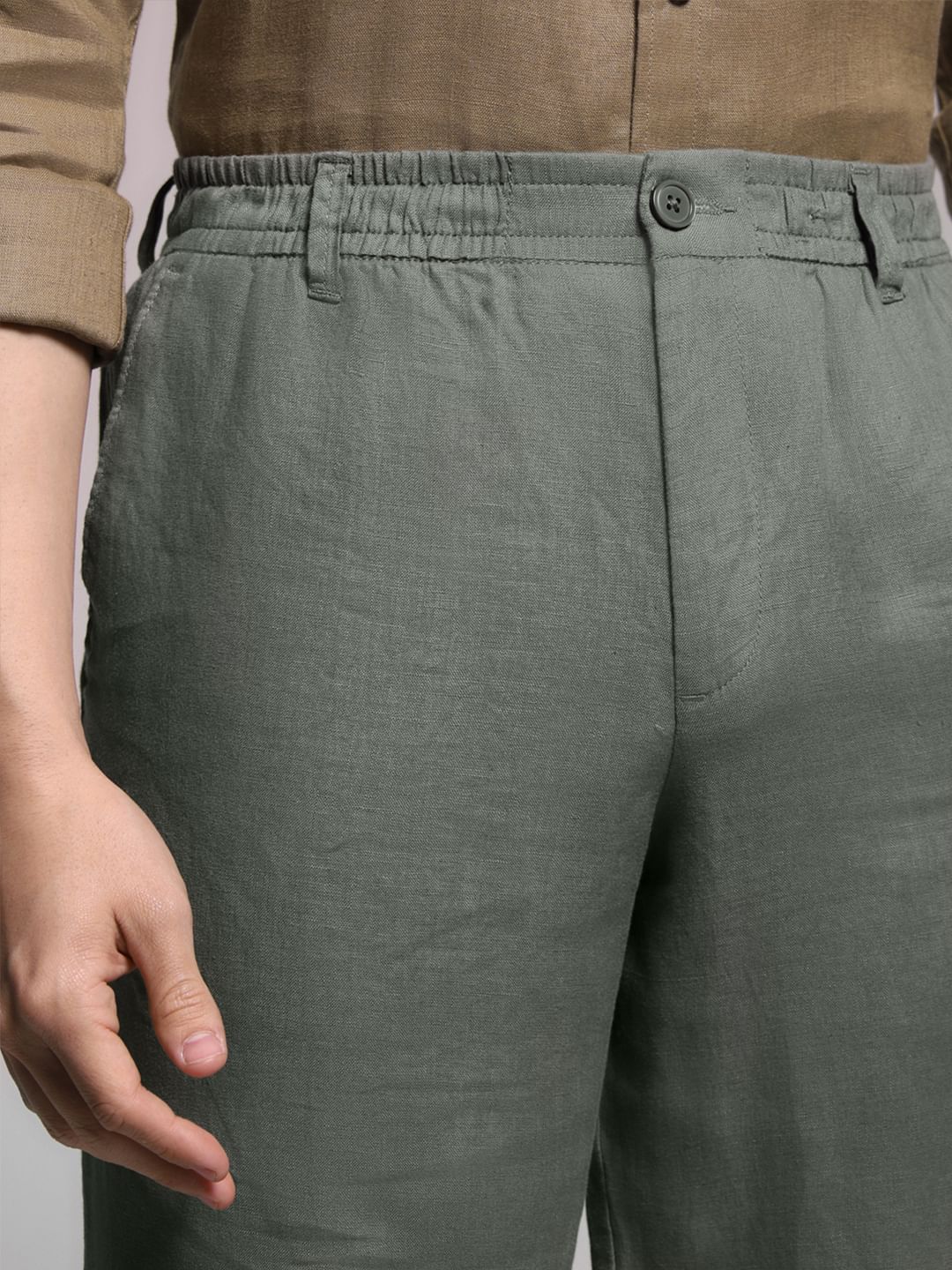Green Mid Rise Linen Chinos - Image 4
