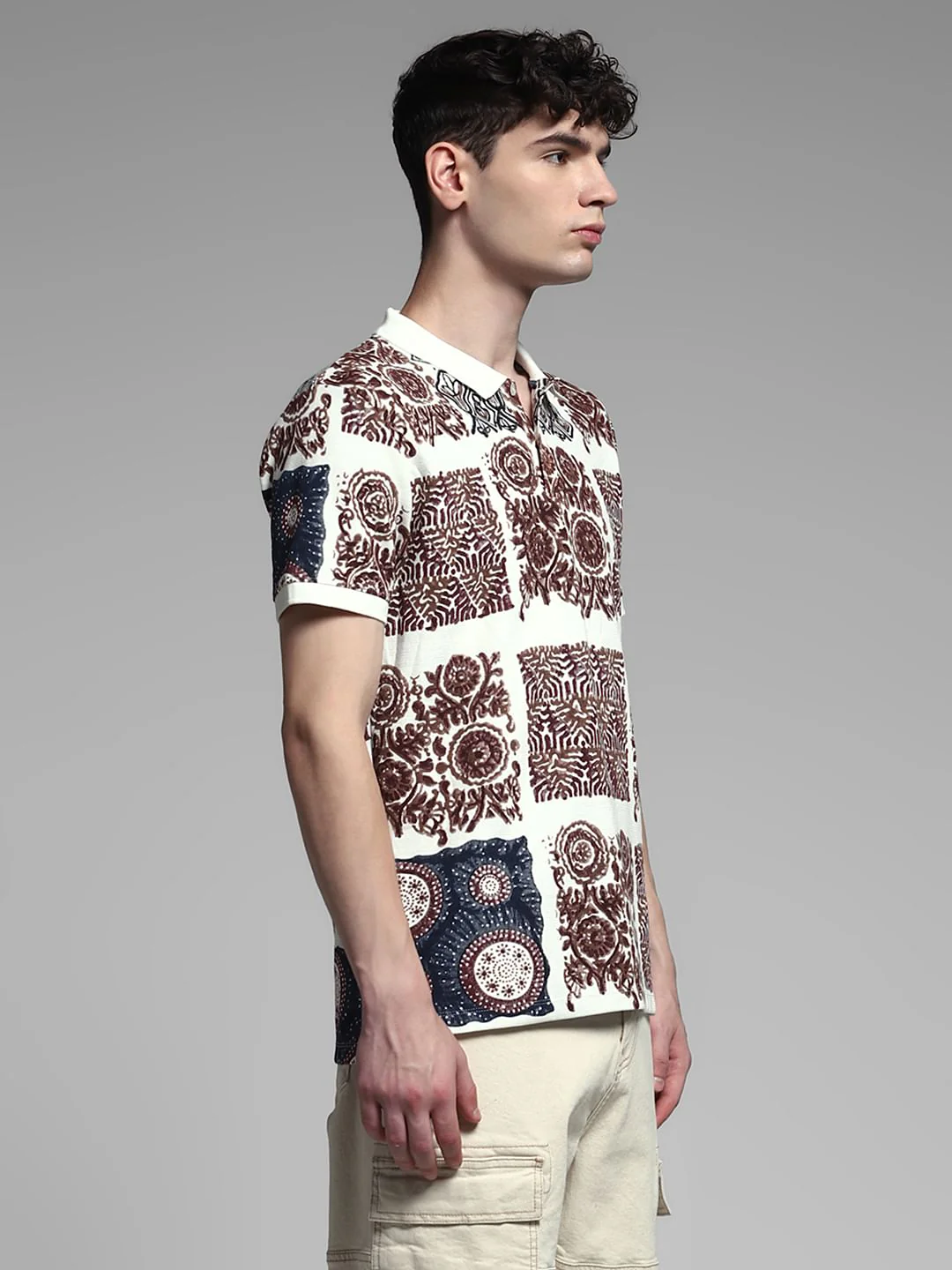 Brown Artisan Print Cotton Polo - Image 3