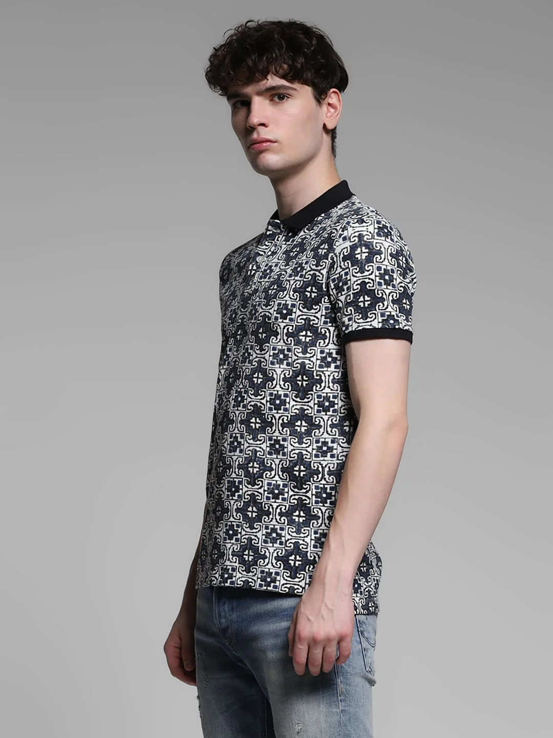 Blue Embroidered Abstract Print Polo - Image 3