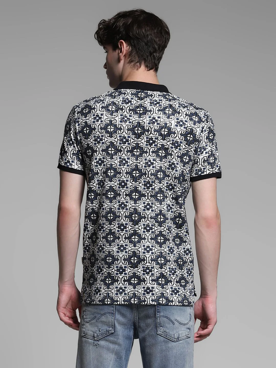 Blue Embroidered Abstract Print Polo - Image 4