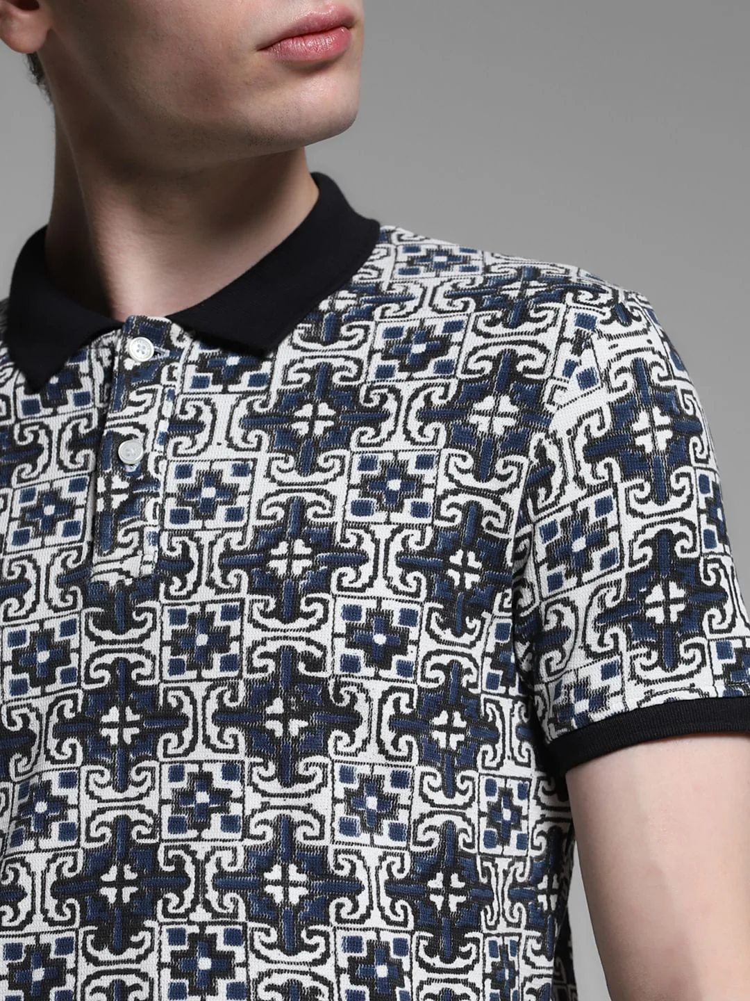 Blue Embroidered Abstract Print Polo - Image 5