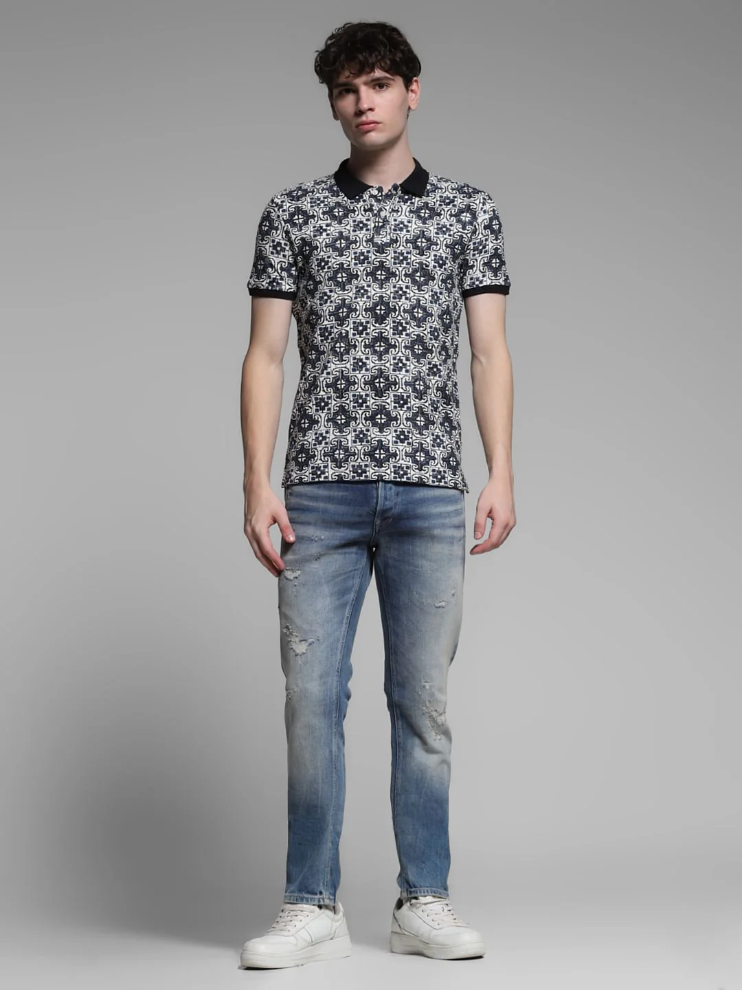 Blue Embroidered Abstract Print Polo - Image 6