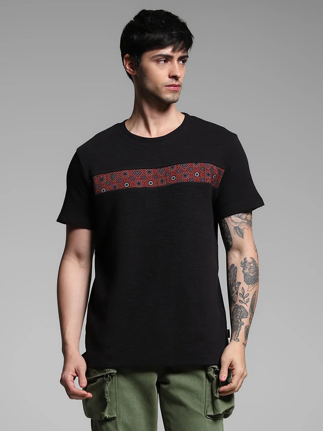 Black Printed Patch Cotton T-shirt - Image 2