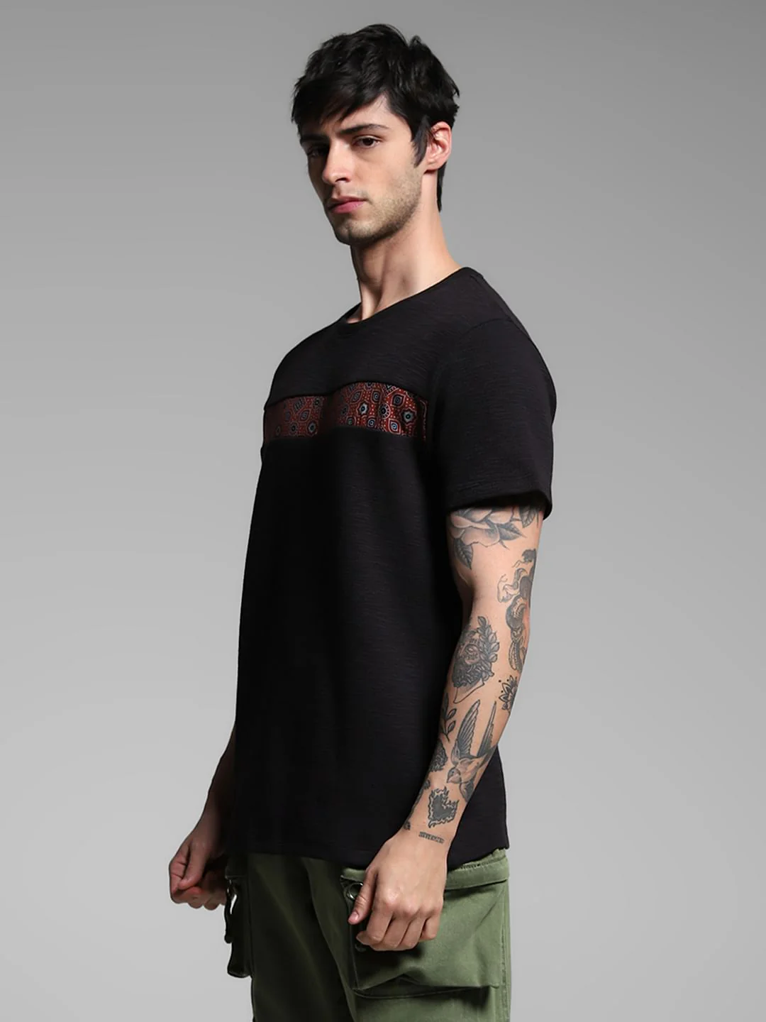 Black Printed Patch Cotton T-shirt - Image 3