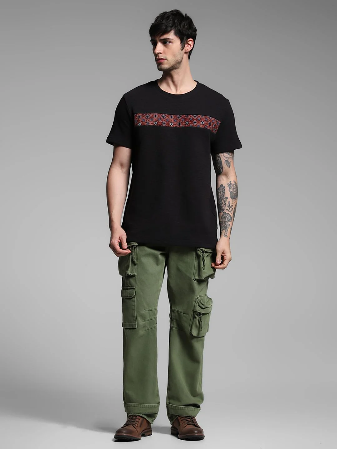 Black Printed Patch Cotton T-shirt - Image 6