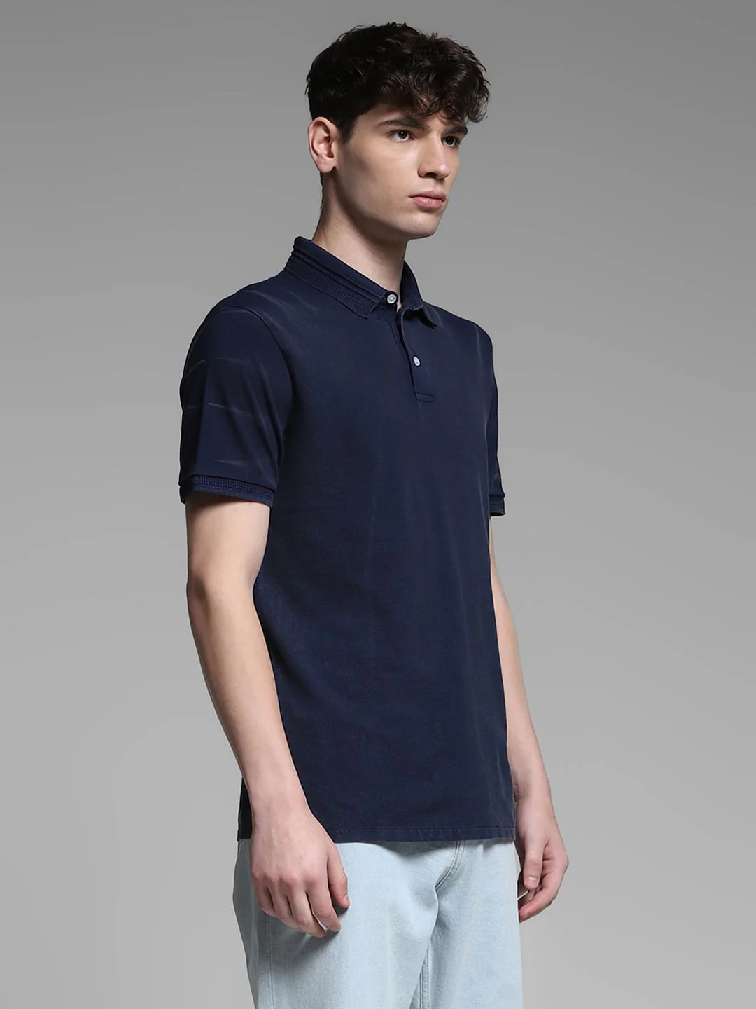 Dark Blue Cotton Knit Polo - Image 3