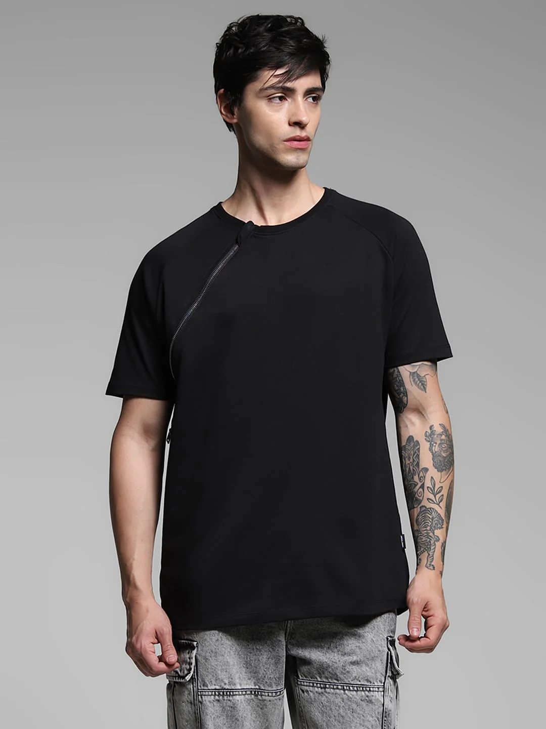 Black Zip Detailing Cotton T-shirt - Image 2