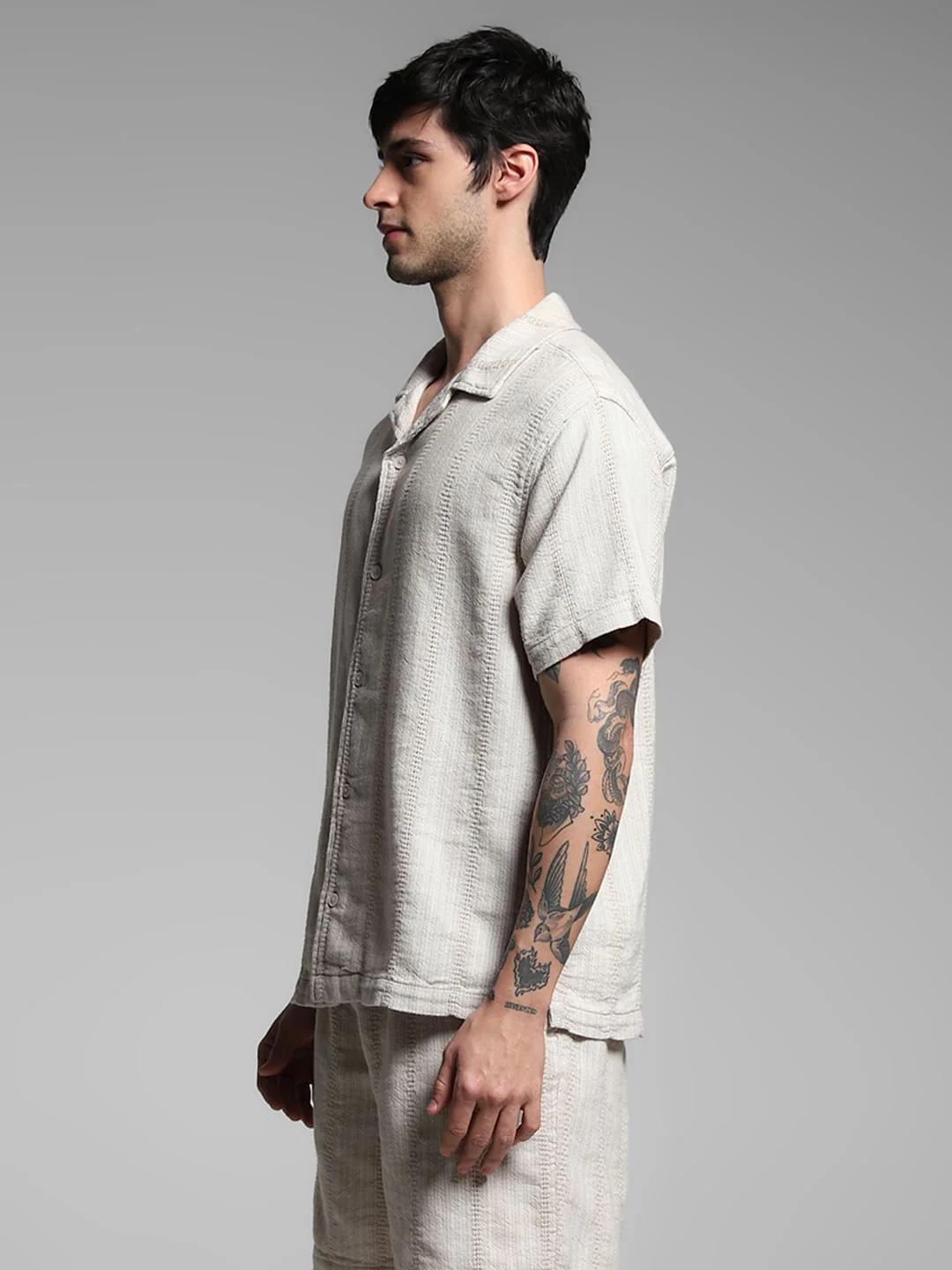 Beige Textured Co-ord Set Cotton Shirt - Image 3