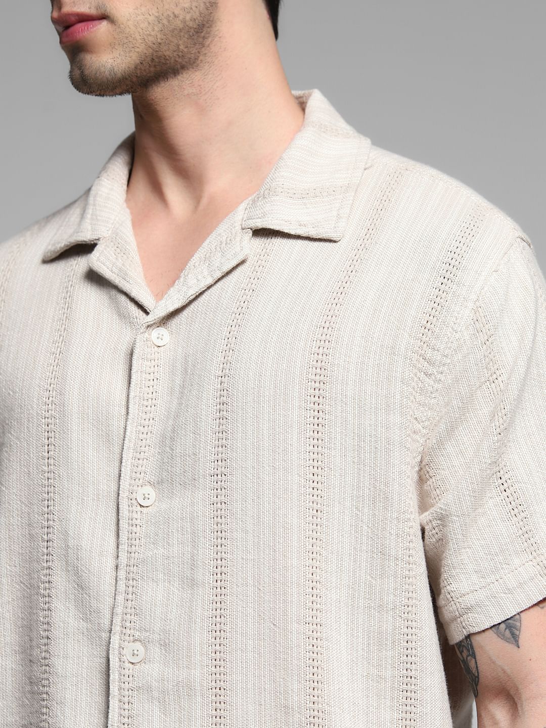 Beige Textured Co-ord Set Cotton Shirt - Image 5