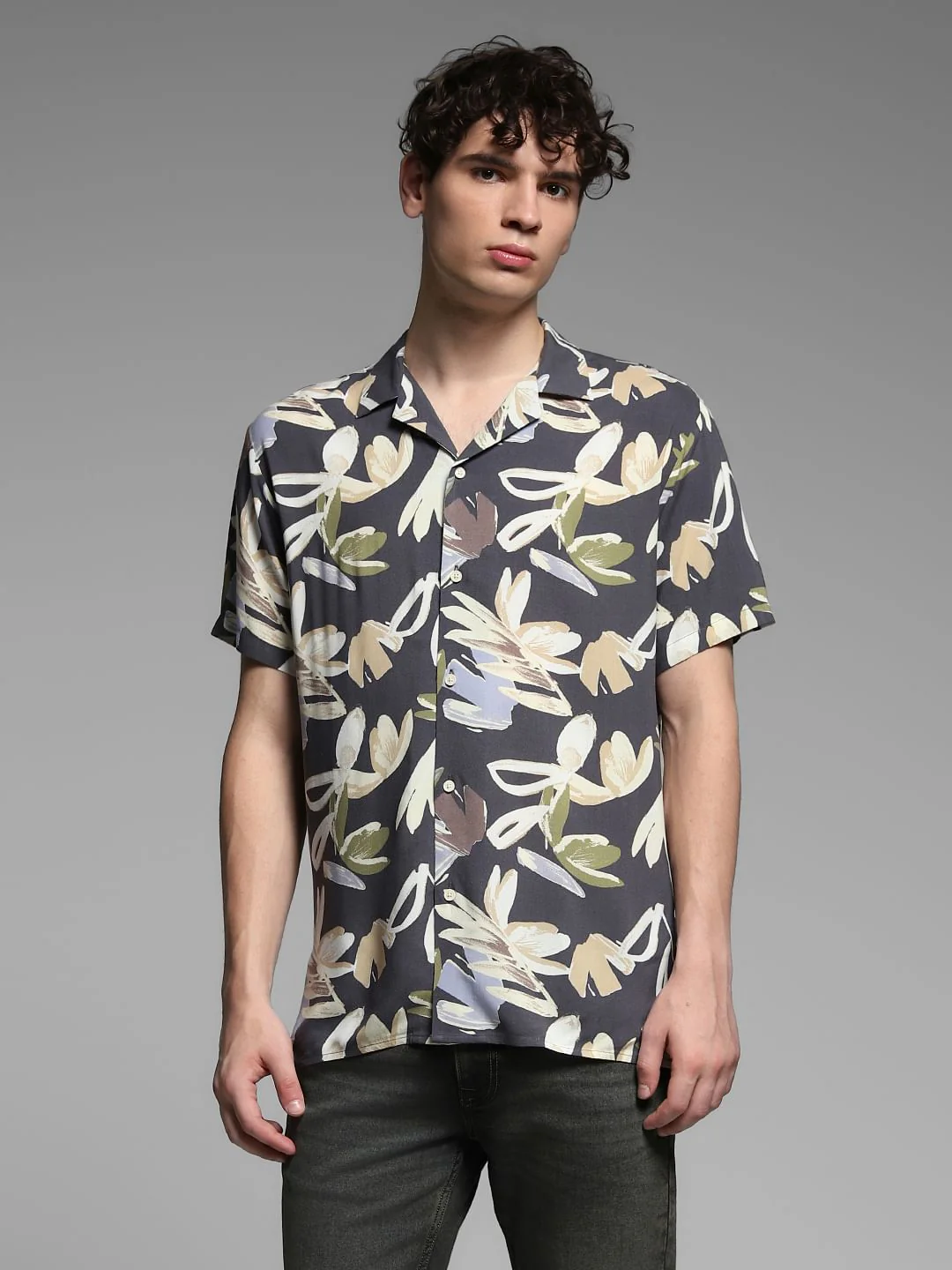 Grey Floral Print Viscose Shirt - Image 2