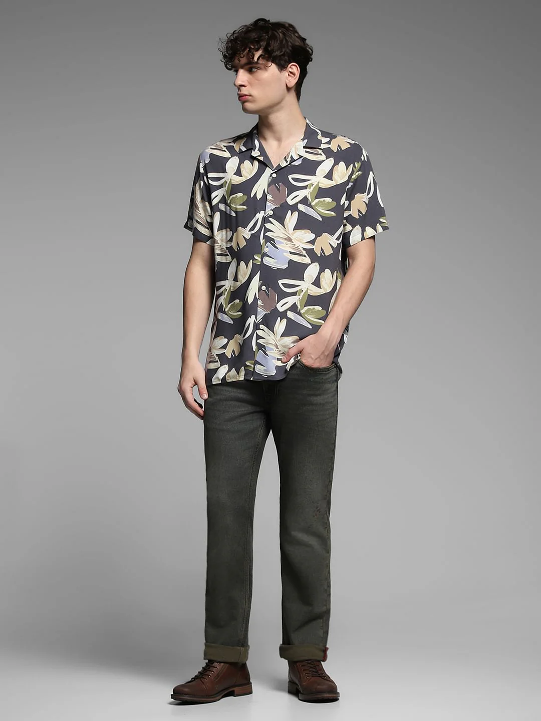 Grey Floral Print Viscose Shirt - Image 6