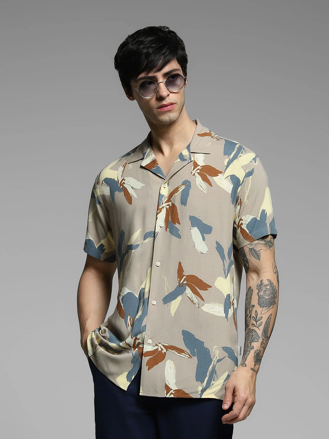 Beige Abstract Print Viscose Shirt
