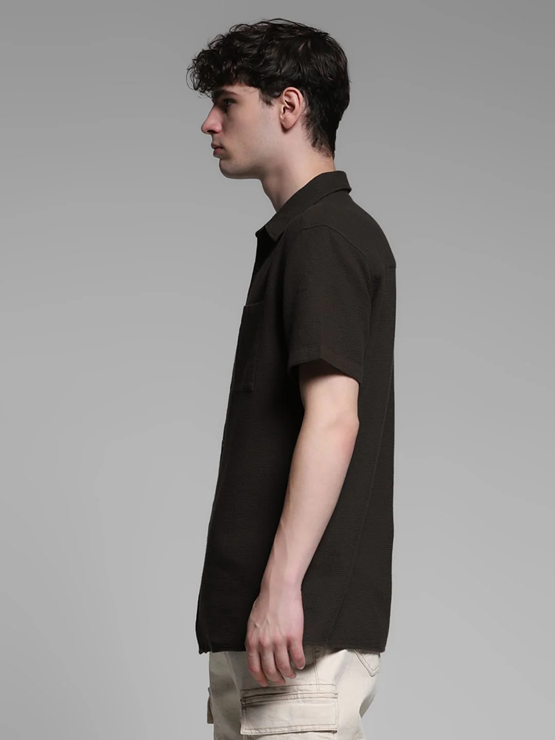 Brown Waffle Textured Cotton Shirt - Image 3