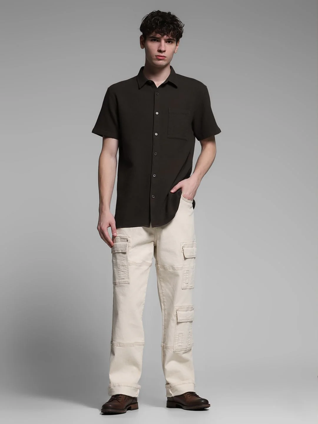 Brown Waffle Textured Cotton Shirt - Image 6