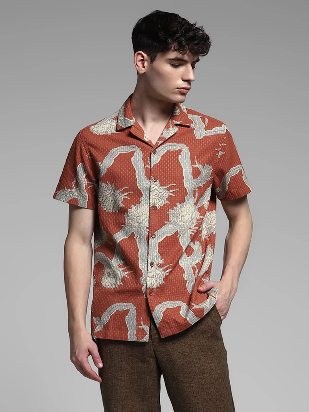 Brown Resort Collar Cotton Shirt - Image 2