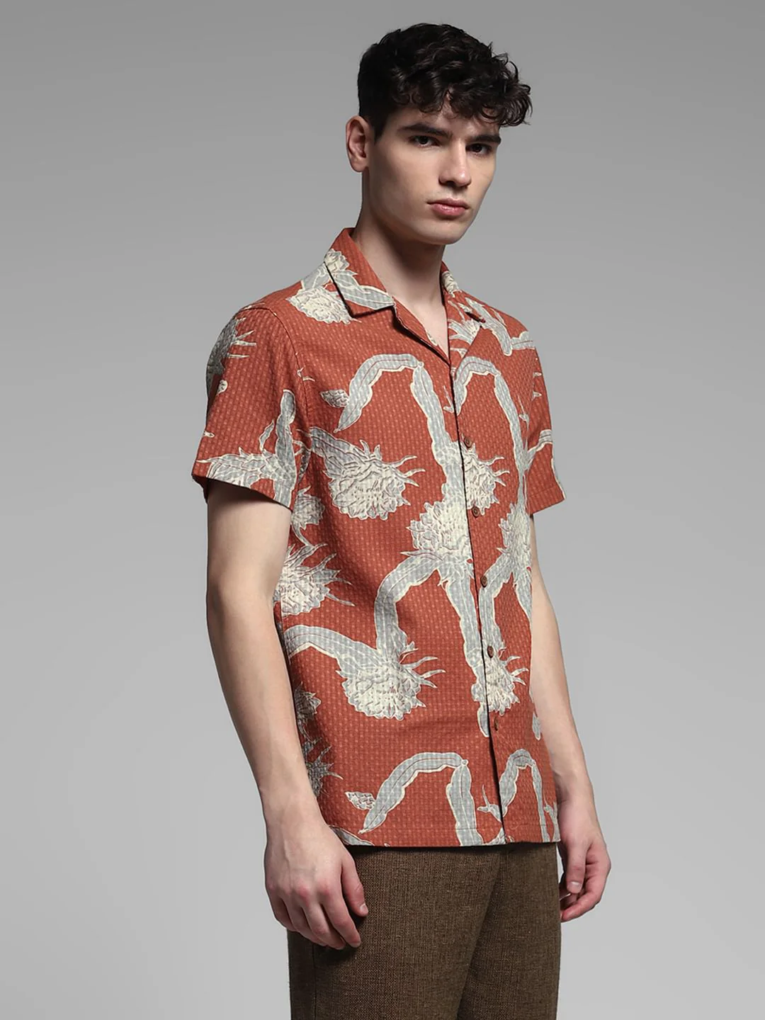 Brown Resort Collar Cotton Shirt - Image 3