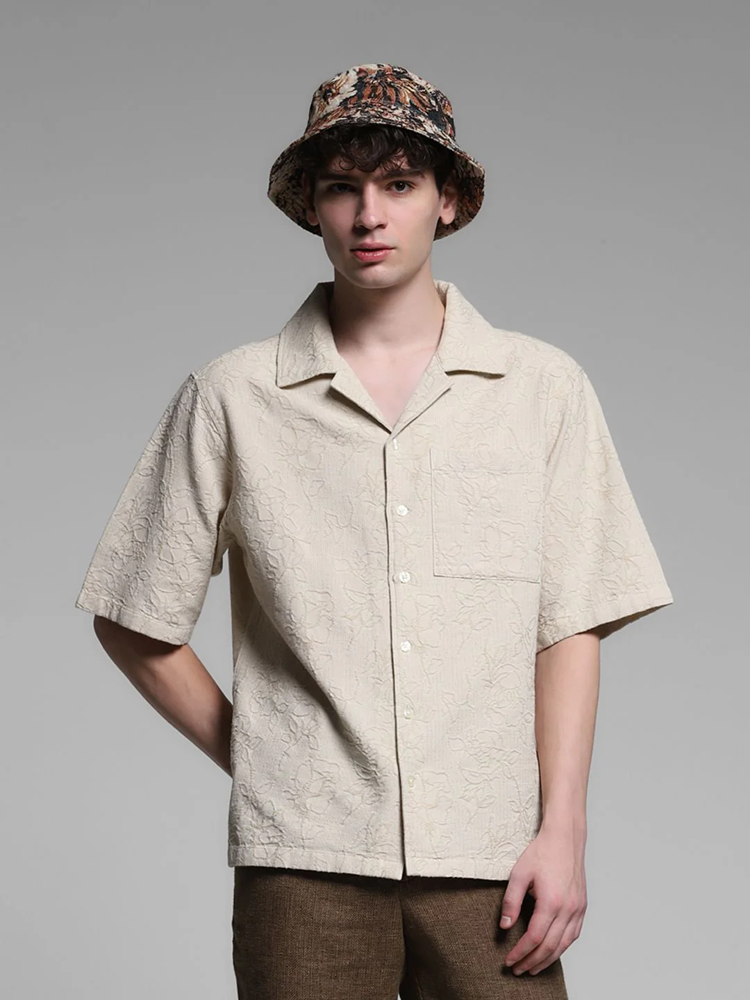 Beige Embroidered Jacquard Shirt