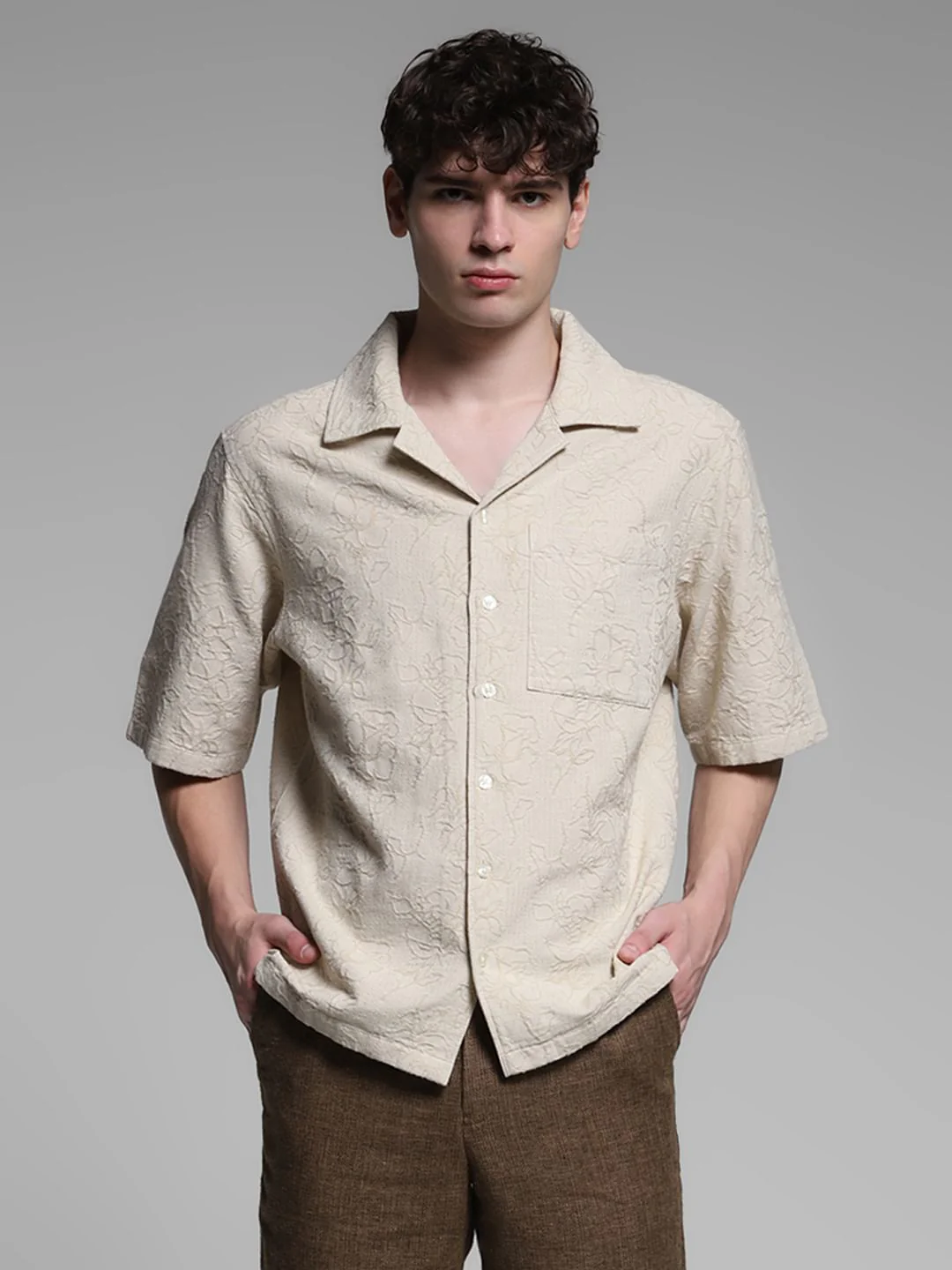 Beige Embroidered Jacquard Shirt - Image 2