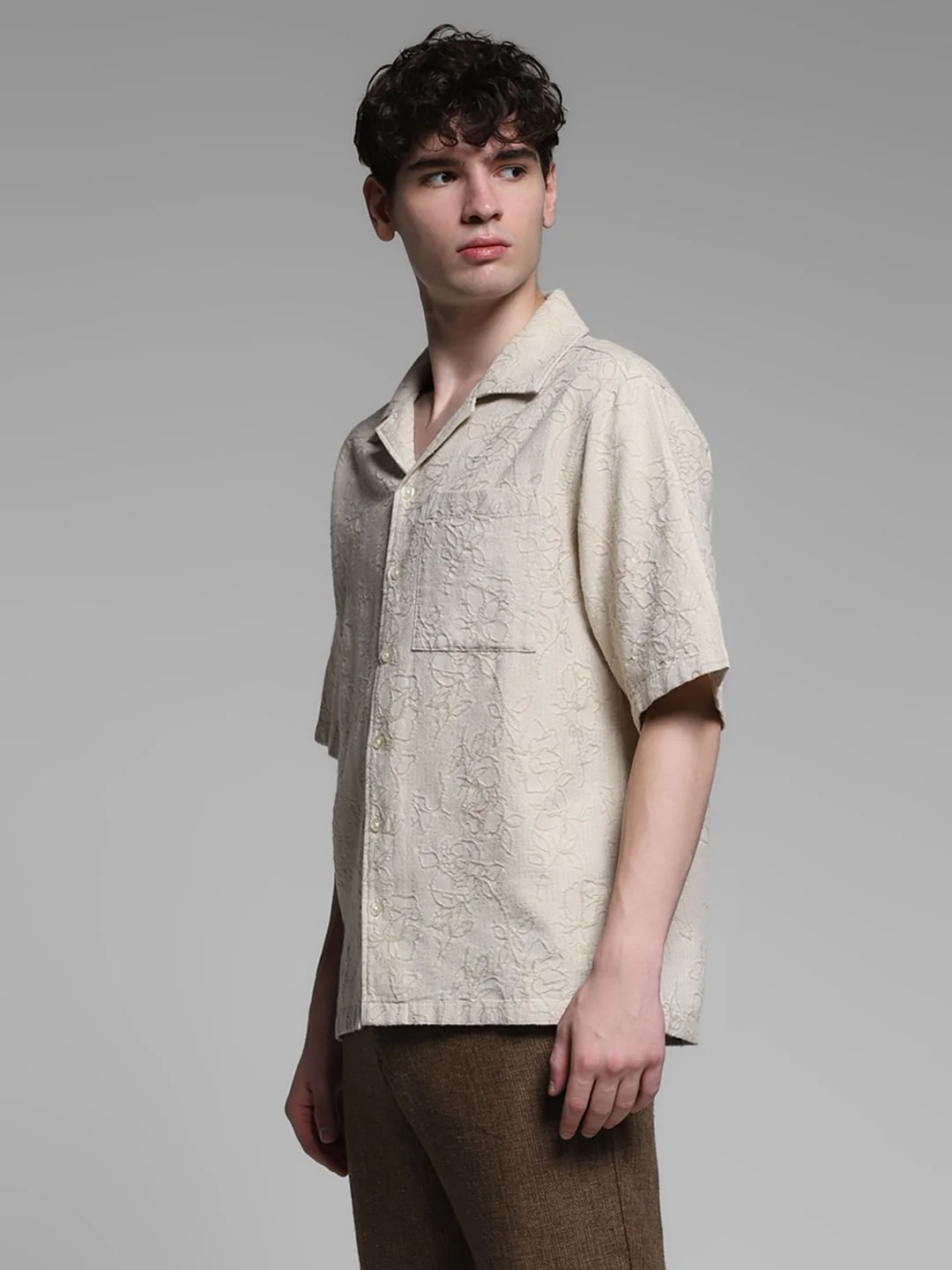 Beige Embroidered Jacquard Shirt - Image 3