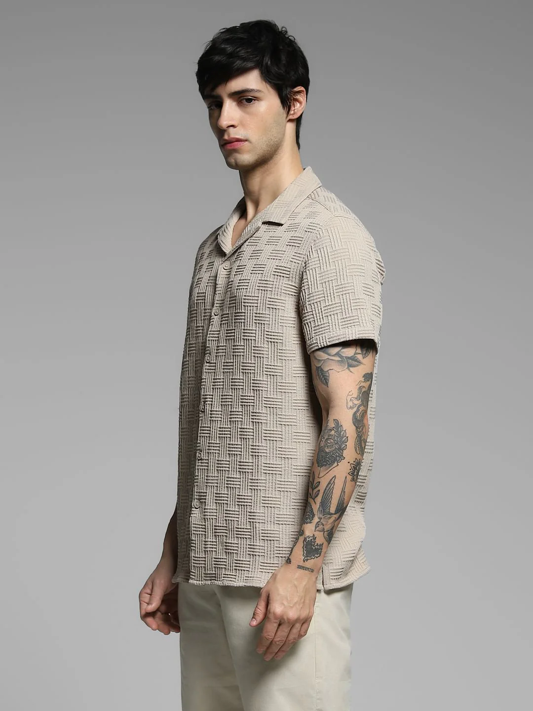Beige Resort Collar Comfort Fit Shirt - Image 3