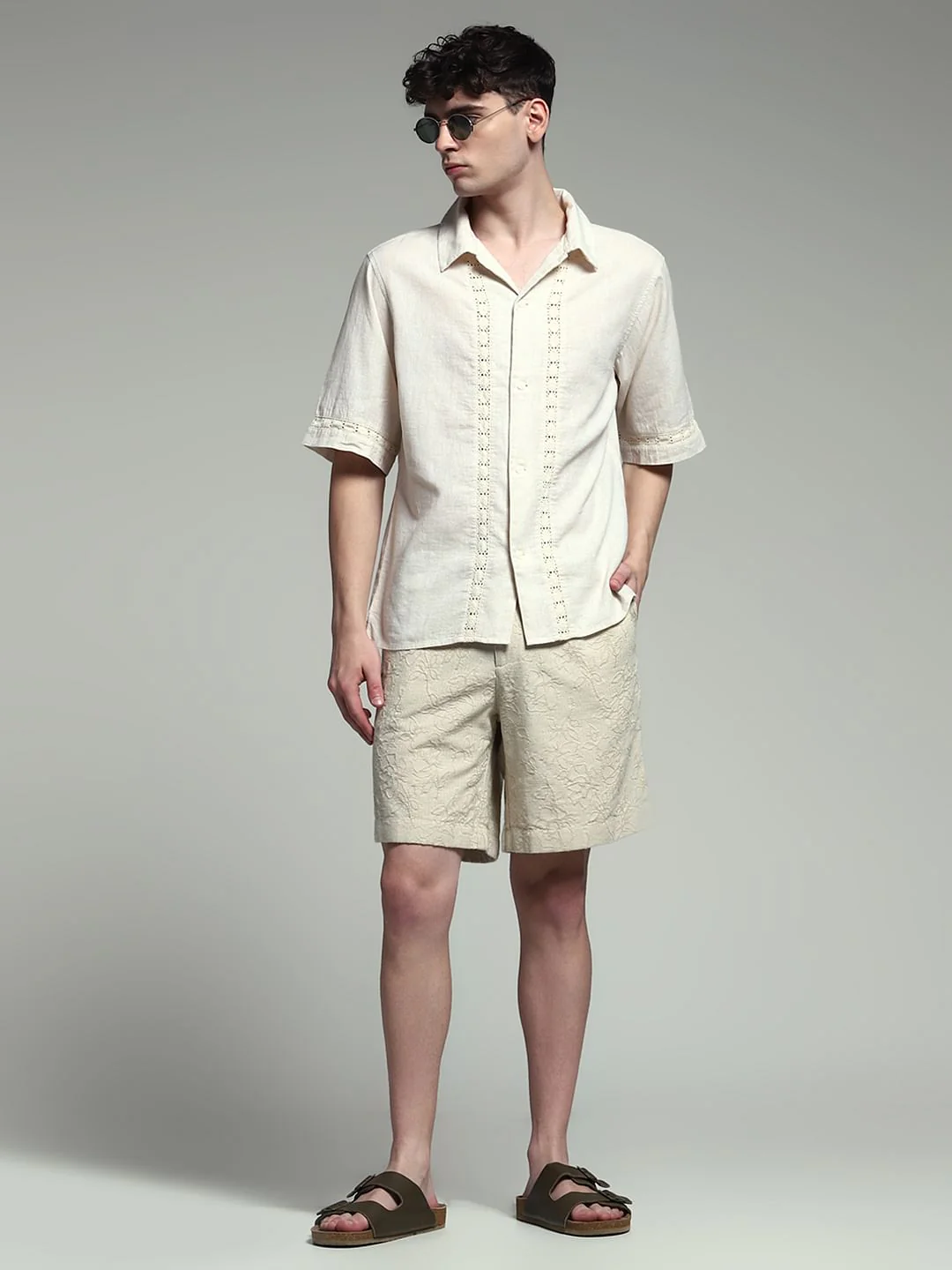 Beige Embroidered Jacquard Shorts - Image 6