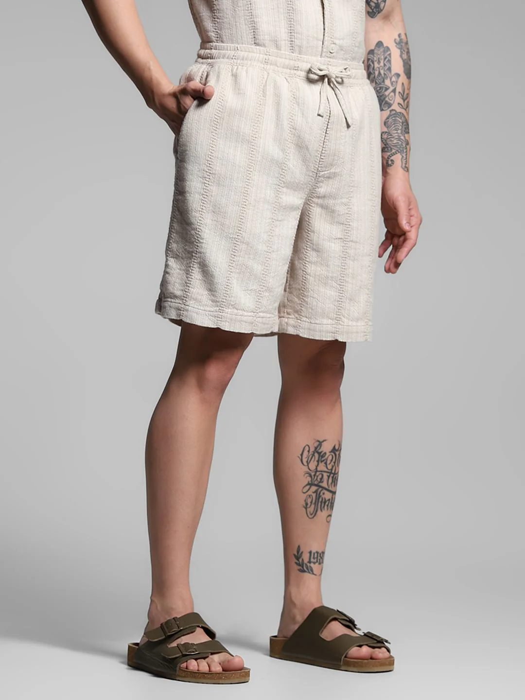 Beige Textured Co-ord Set Cotton Shorts - Image 2