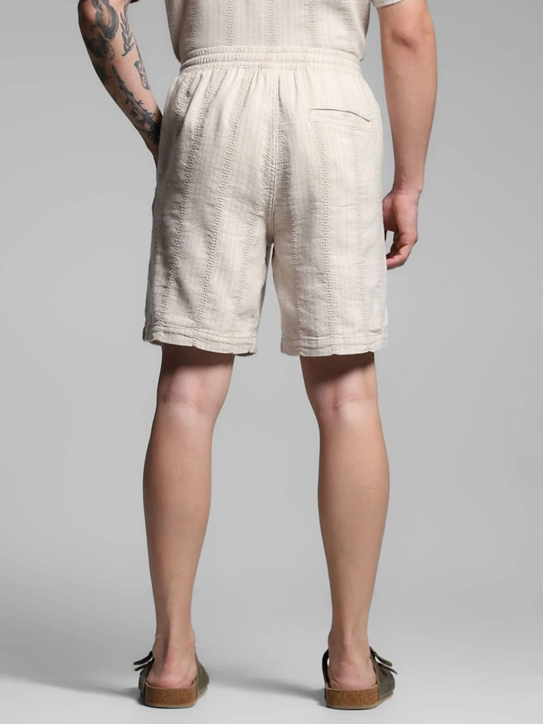 Beige Textured Co-ord Set Cotton Shorts - Image 3
