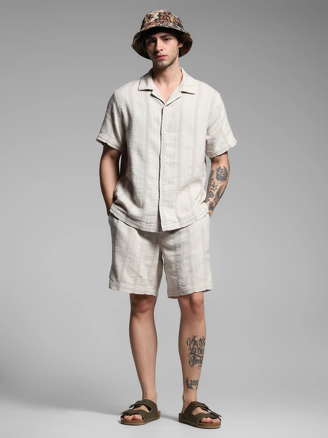 Beige Textured Co-ord Set Cotton Shorts - Image 5