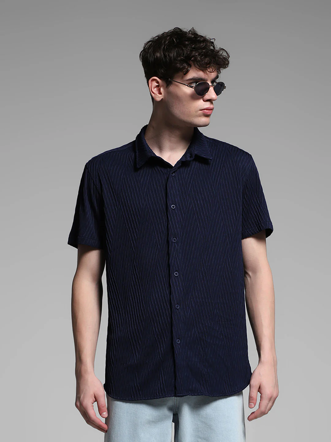 Navy Blue Stretch Textured Shirt