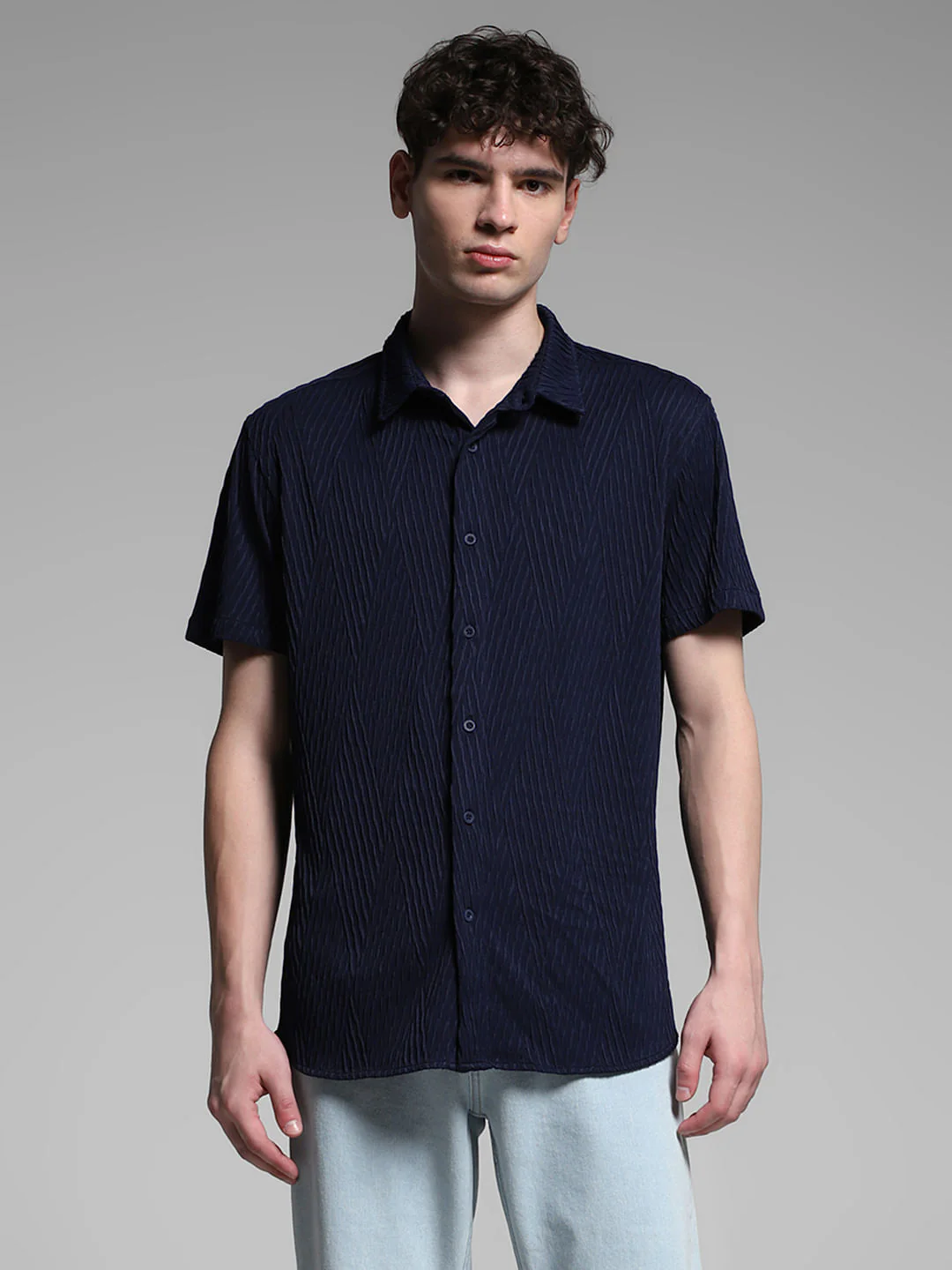 Navy Blue Stretch Textured Shirt - Image 2