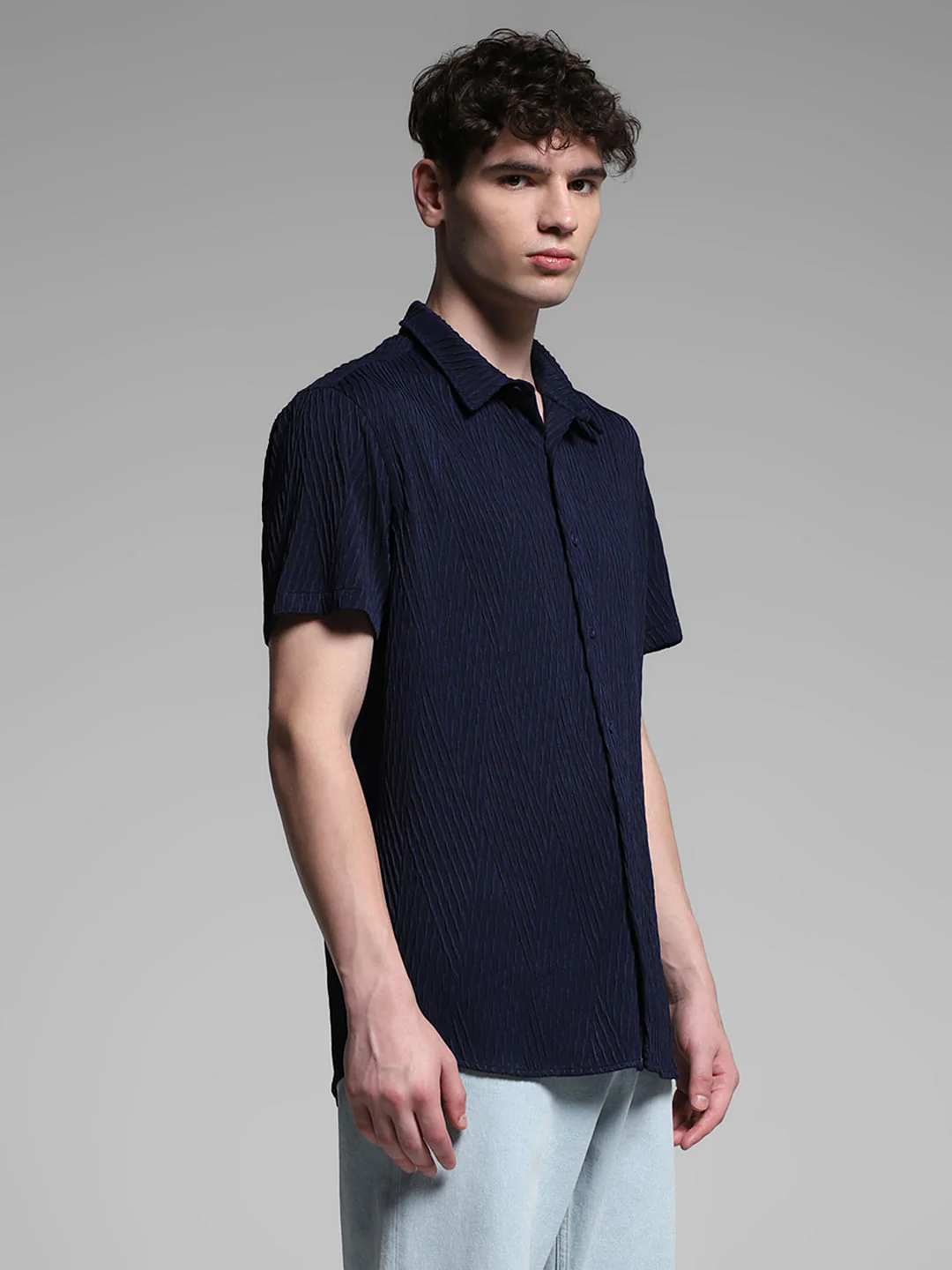 Navy Blue Stretch Textured Shirt - Image 3