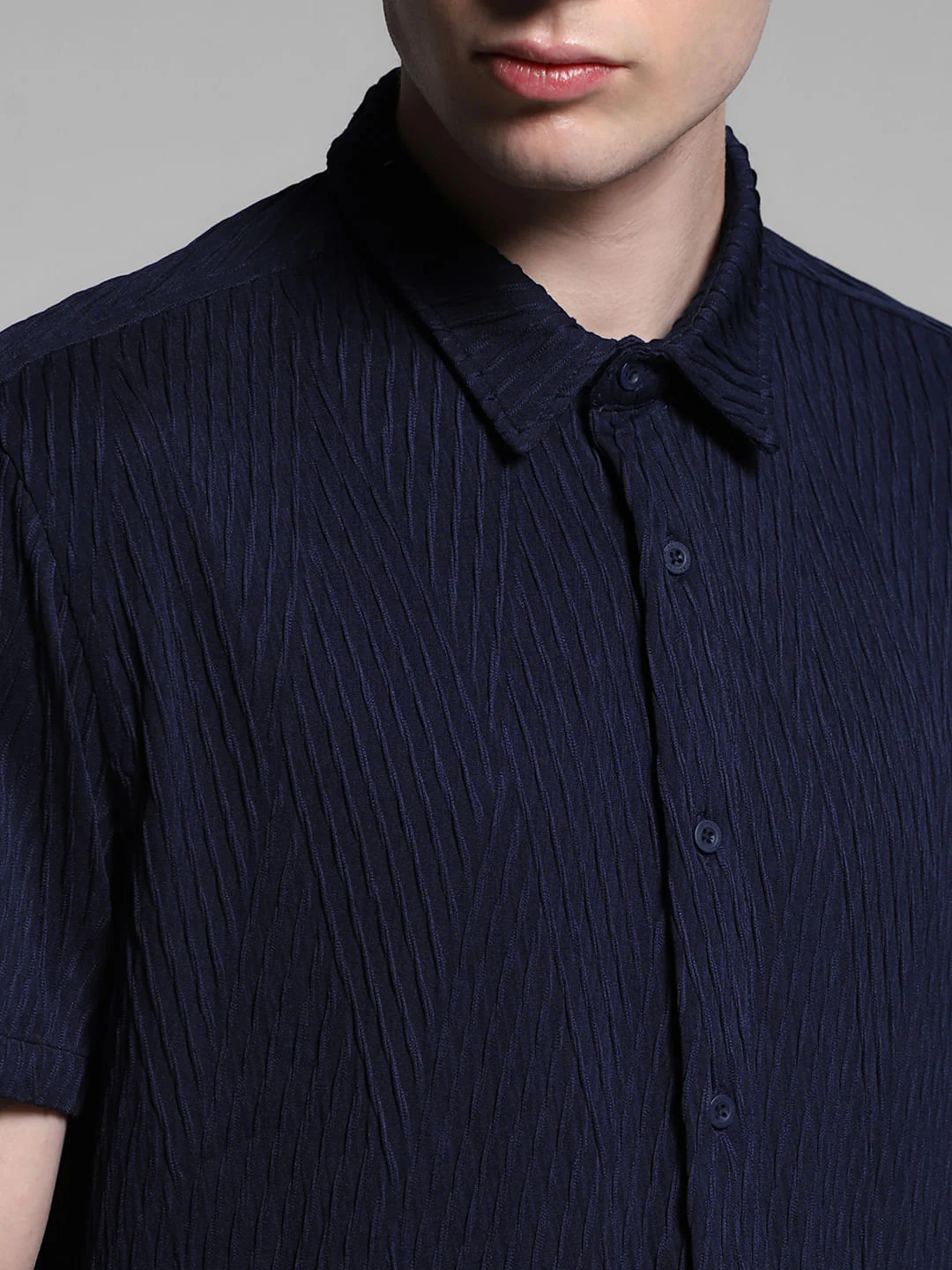 Navy Blue Stretch Textured Shirt - Image 5