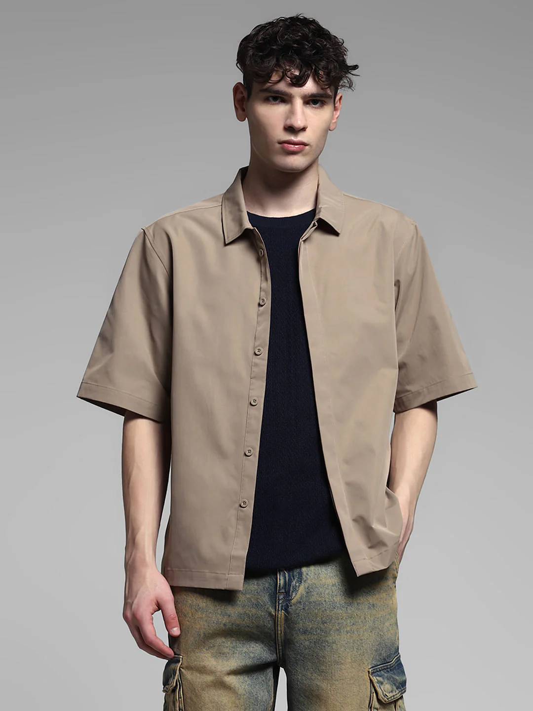 Brown Stretch Oversized Shirt - Image 2