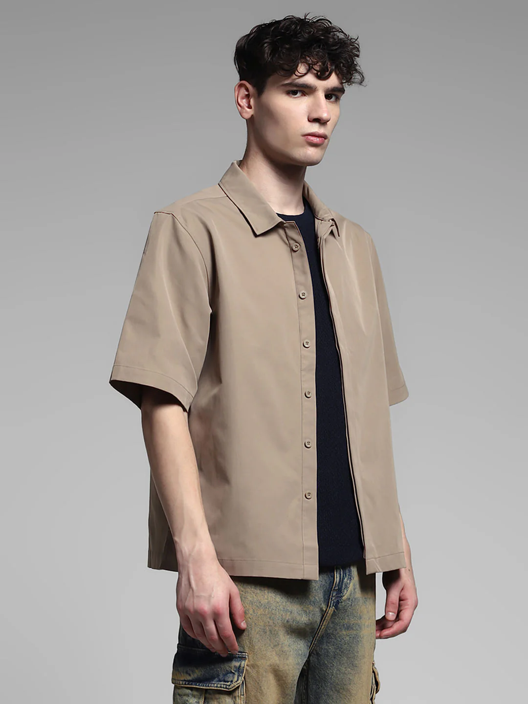Brown Stretch Oversized Shirt - Image 3