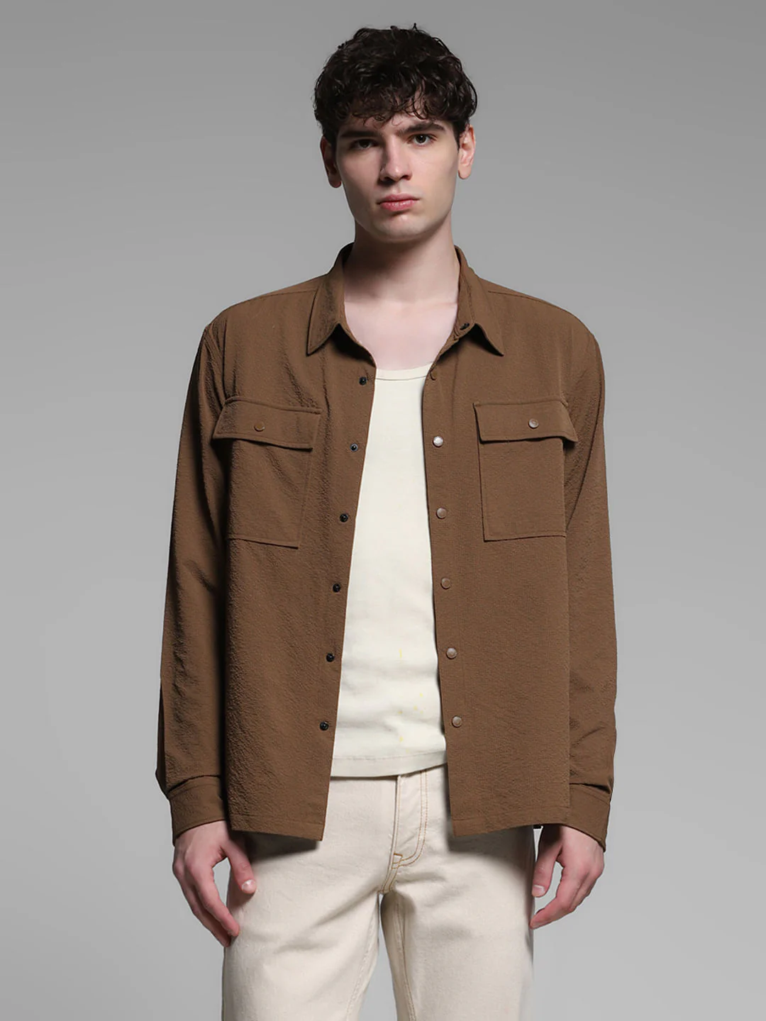 Dark Brown Textured Oversized Shirt - Image 2