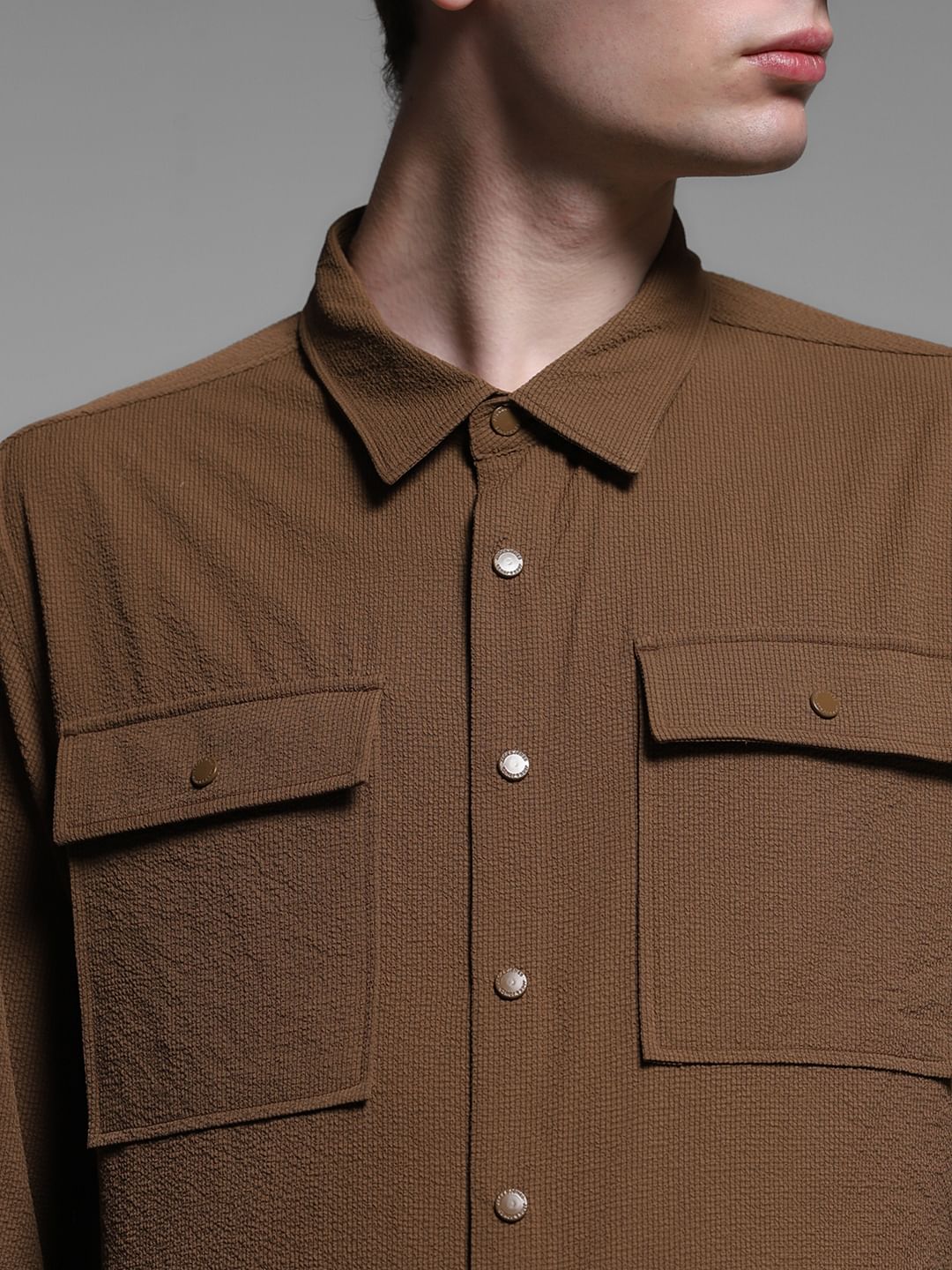 Dark Brown Textured Oversized Shirt - Image 5
