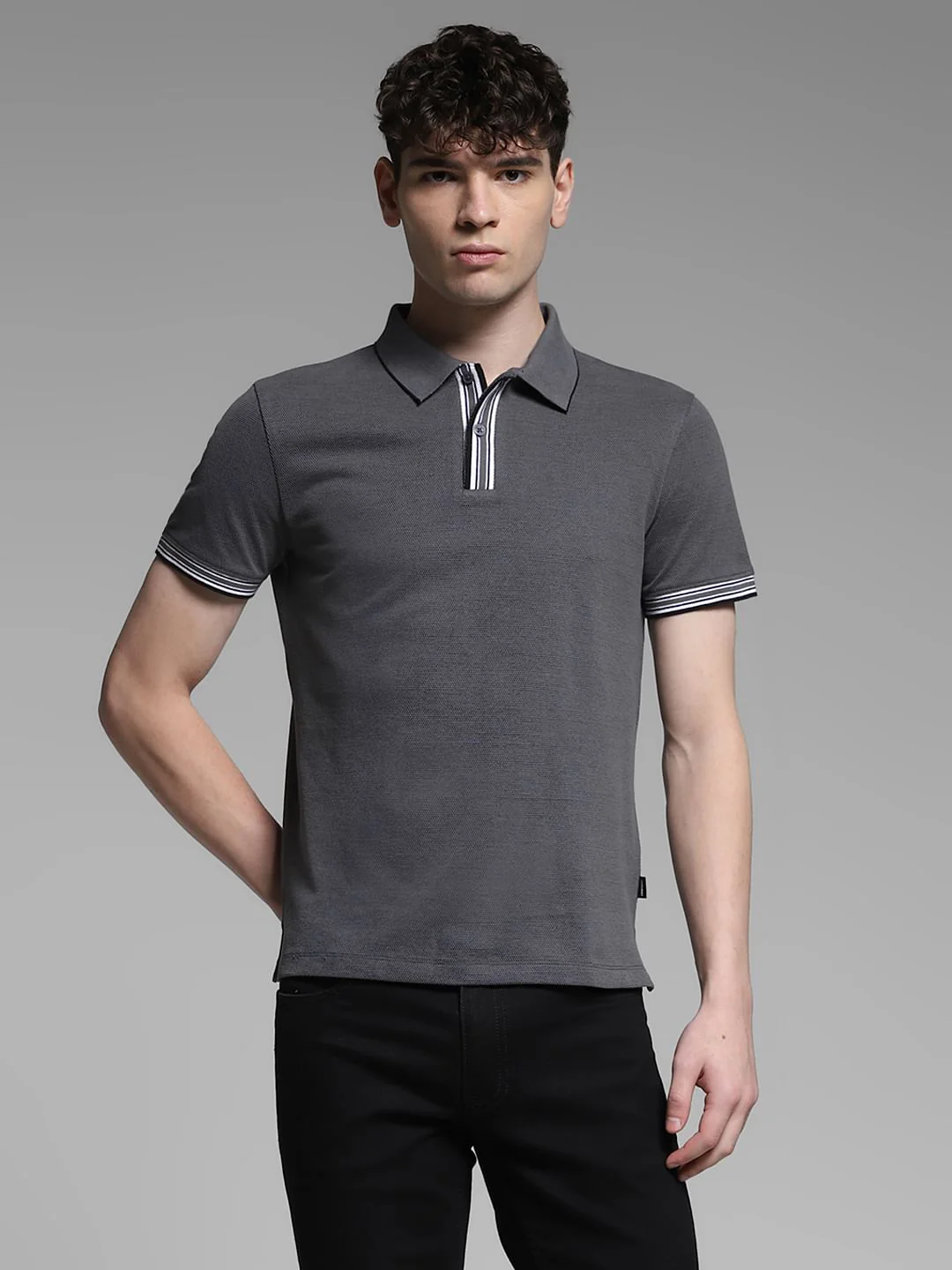 Dark Grey Knitted Cotton Polo - Image 2