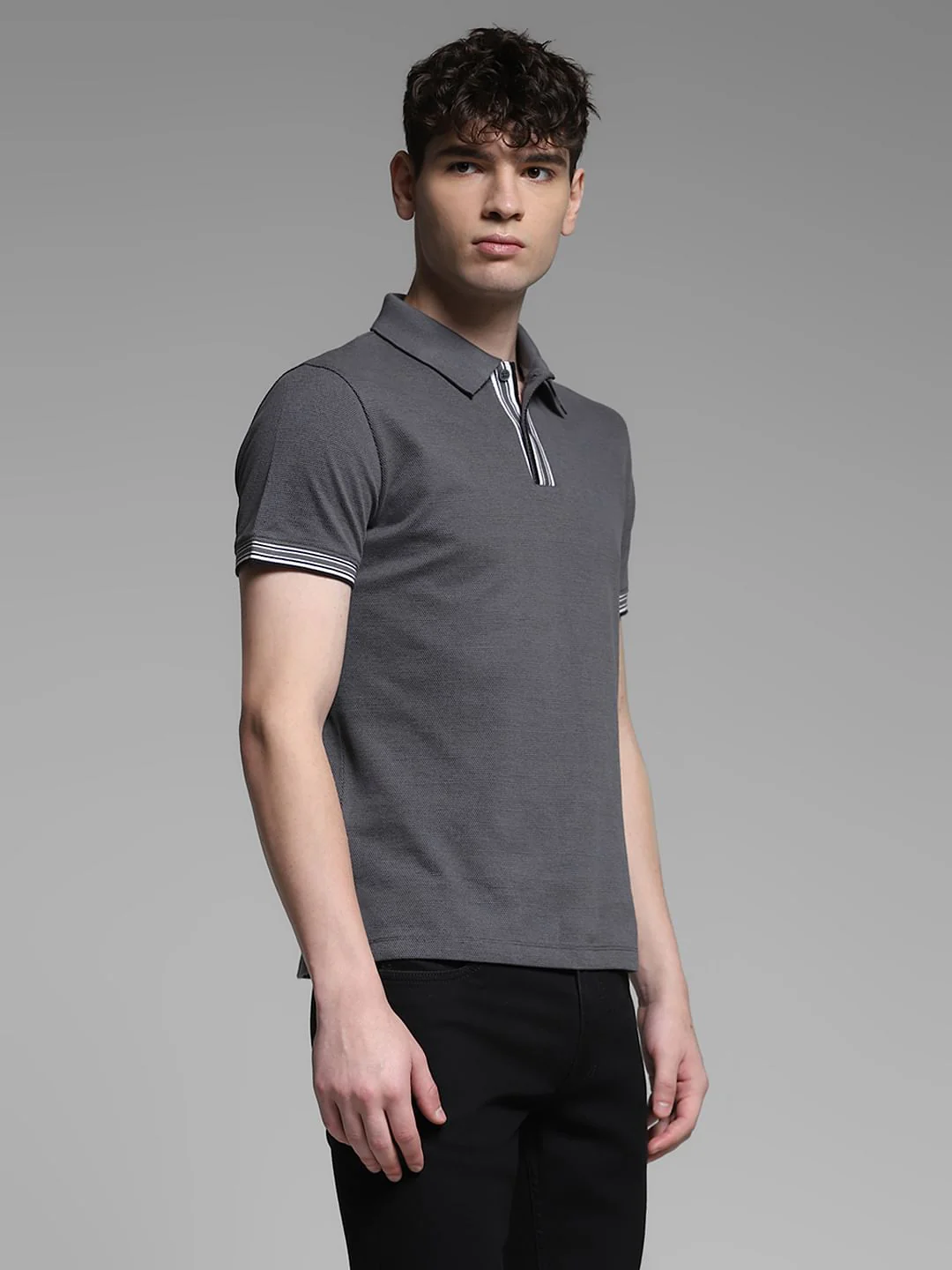 Dark Grey Knitted Cotton Polo - Image 3