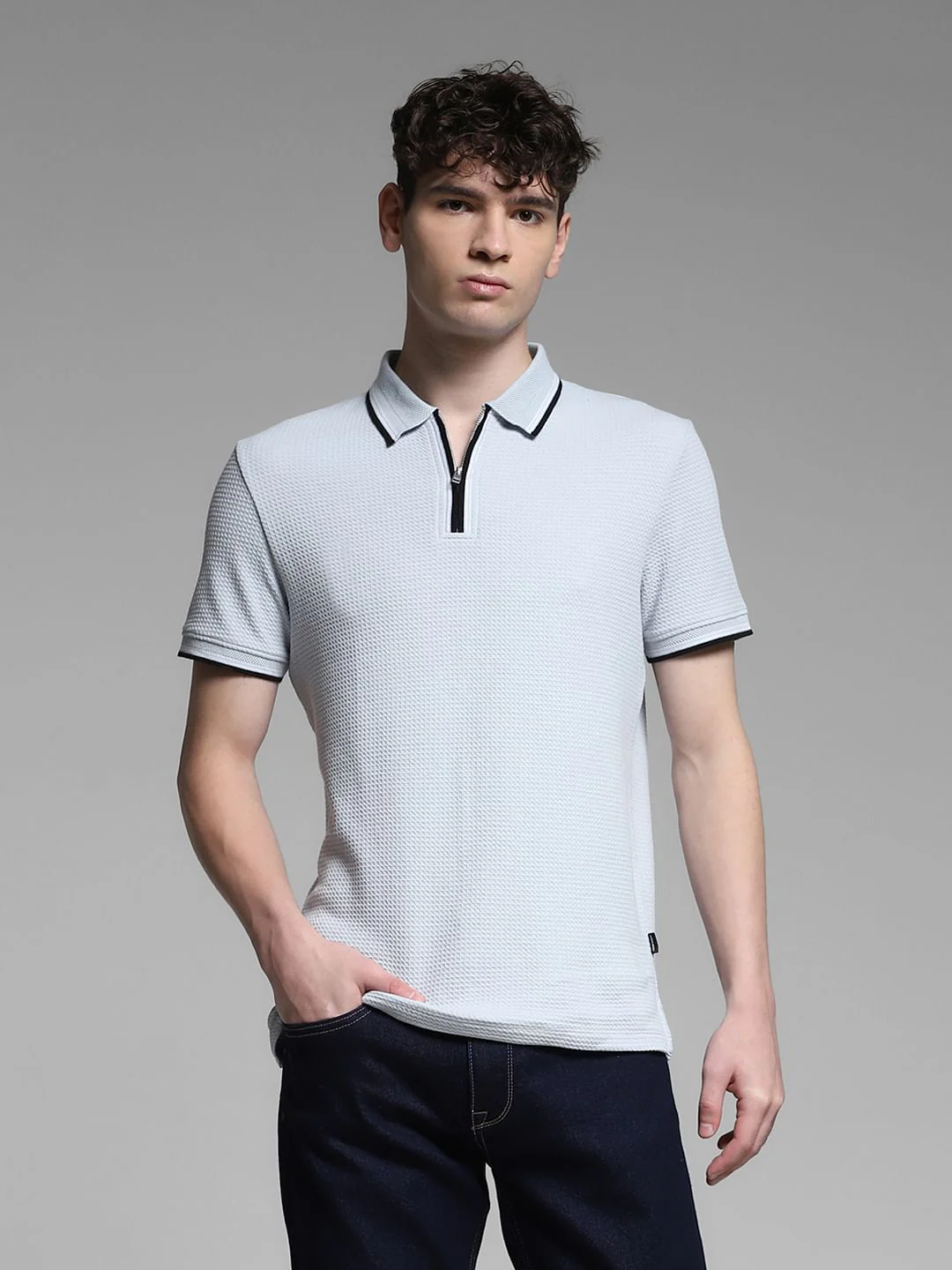 Light Blue Knitted Zip Up Polo