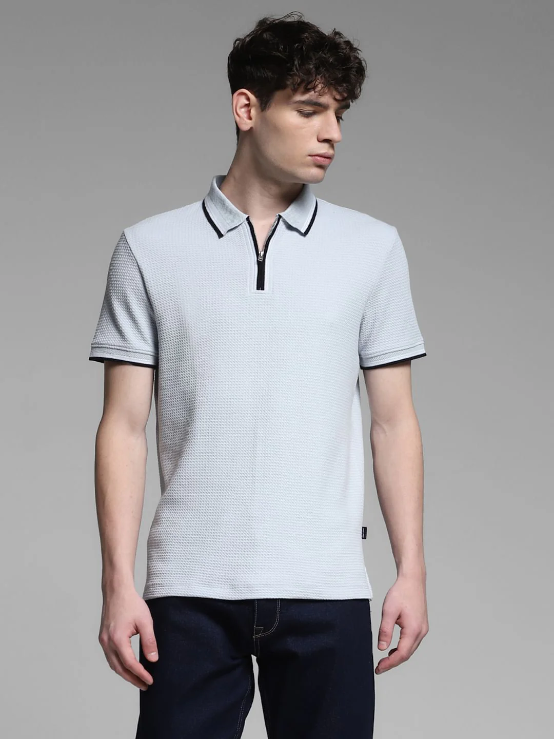 Light Blue Knitted Zip Up Polo - Image 2