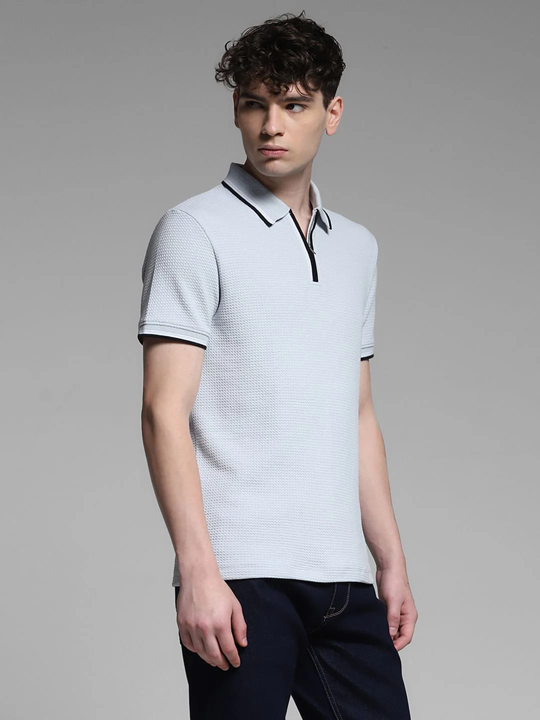 Light Blue Knitted Zip Up Polo - Image 3