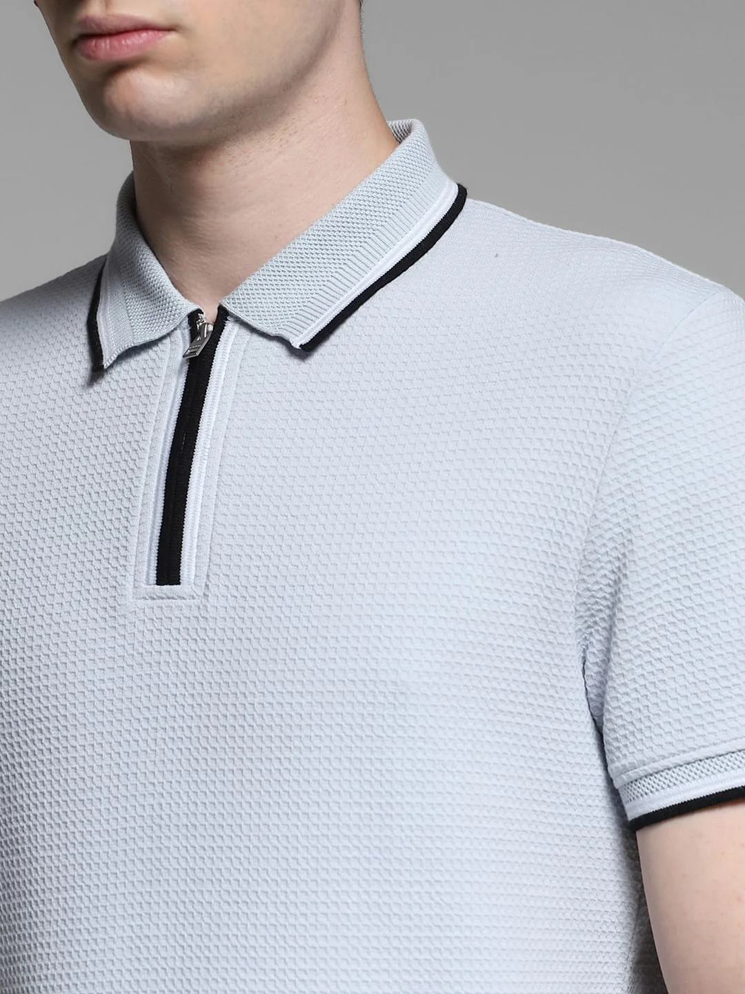 Light Blue Knitted Zip Up Polo - Image 5