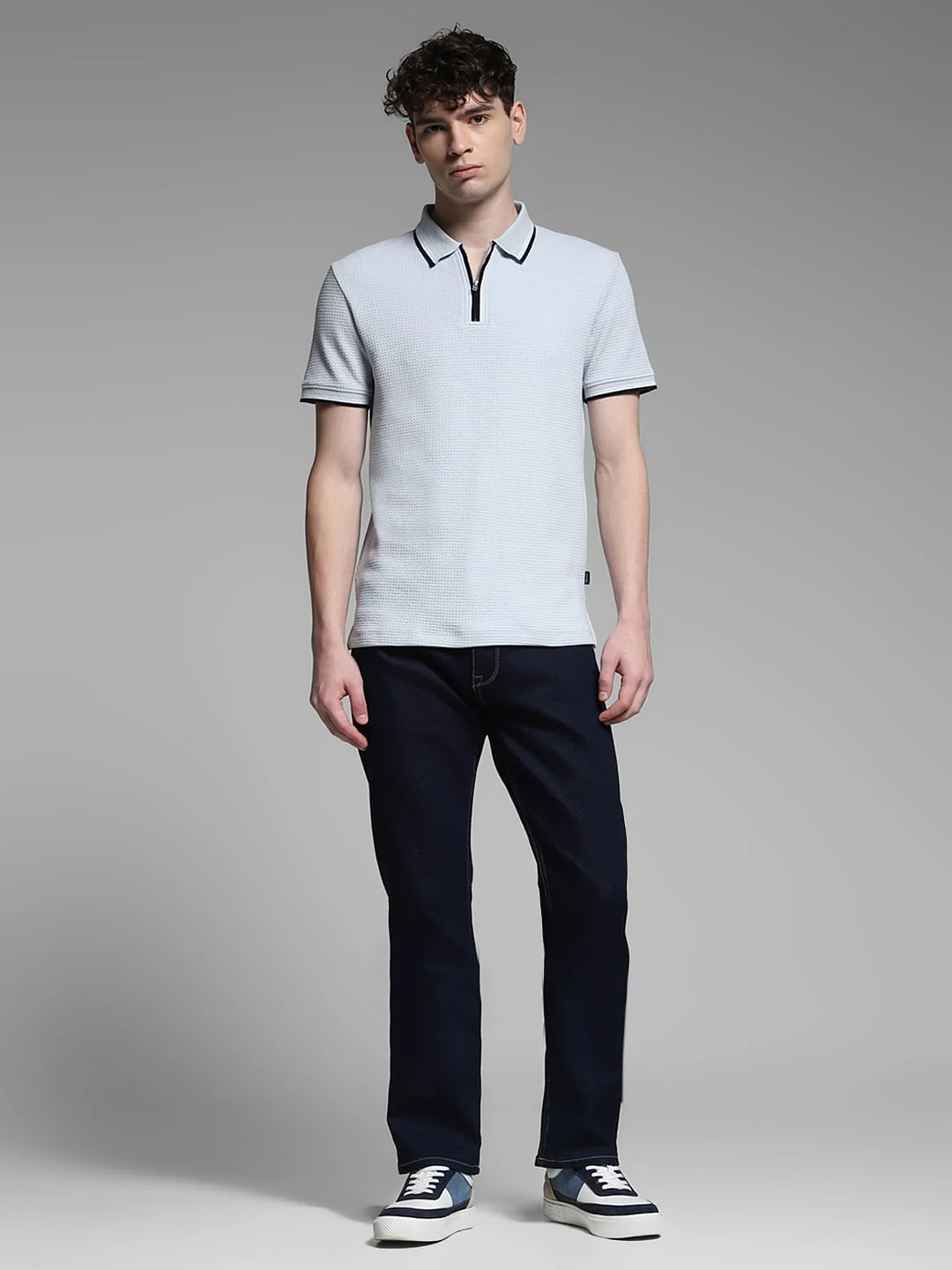 Light Blue Knitted Zip Up Polo - Image 6