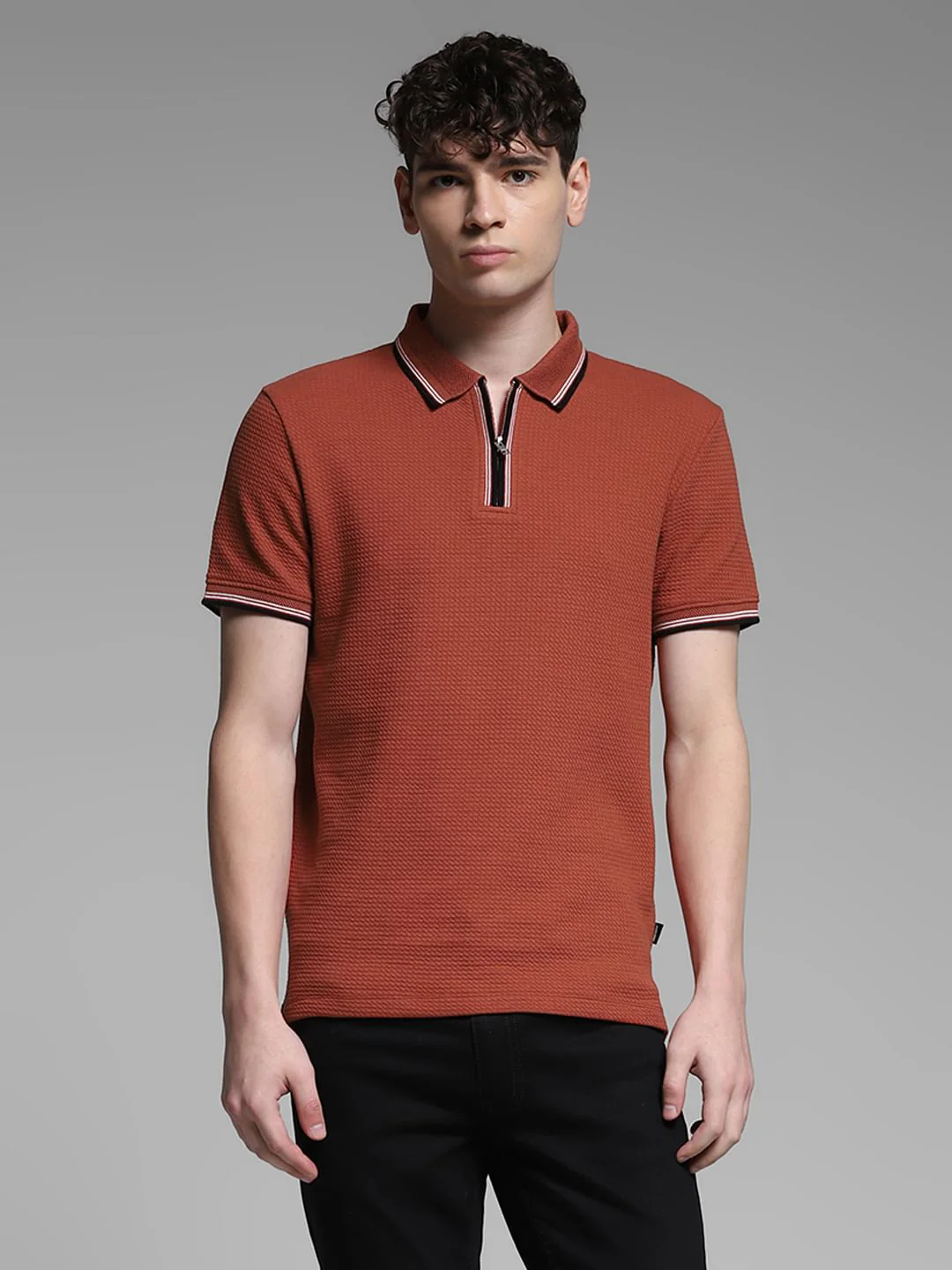 Dark Red Knitted Zip Up Polo - Image 2