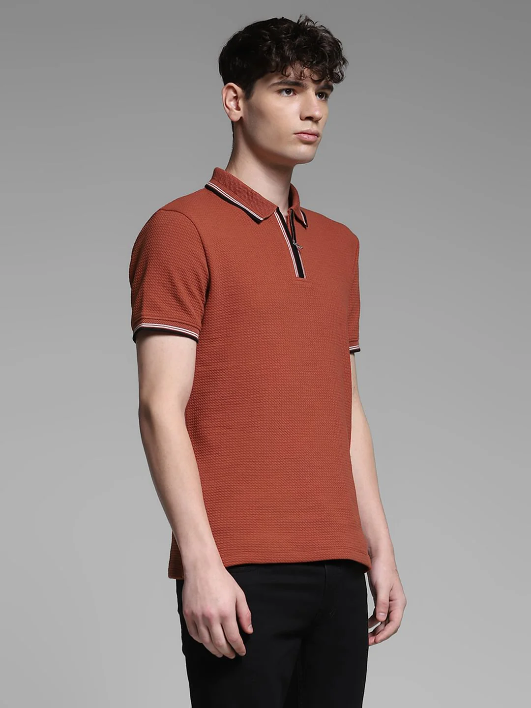 Dark Red Knitted Zip Up Polo - Image 3