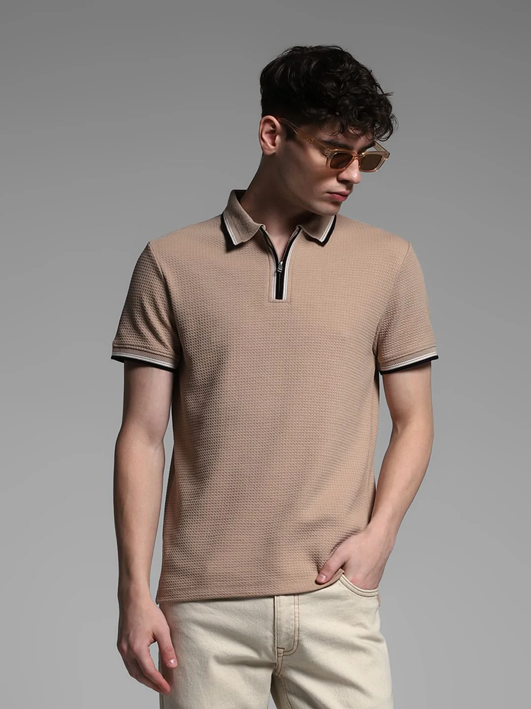 Dark Brown Knitted Zip Up Polo