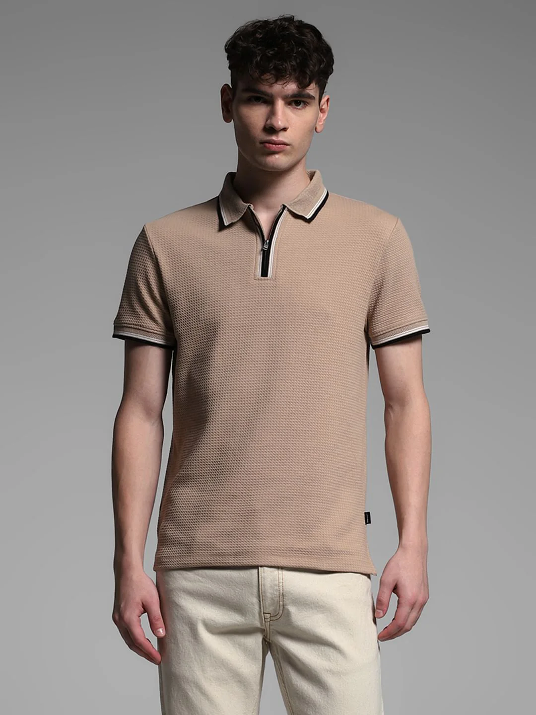 Dark Brown Knitted Zip Up Polo - Image 2