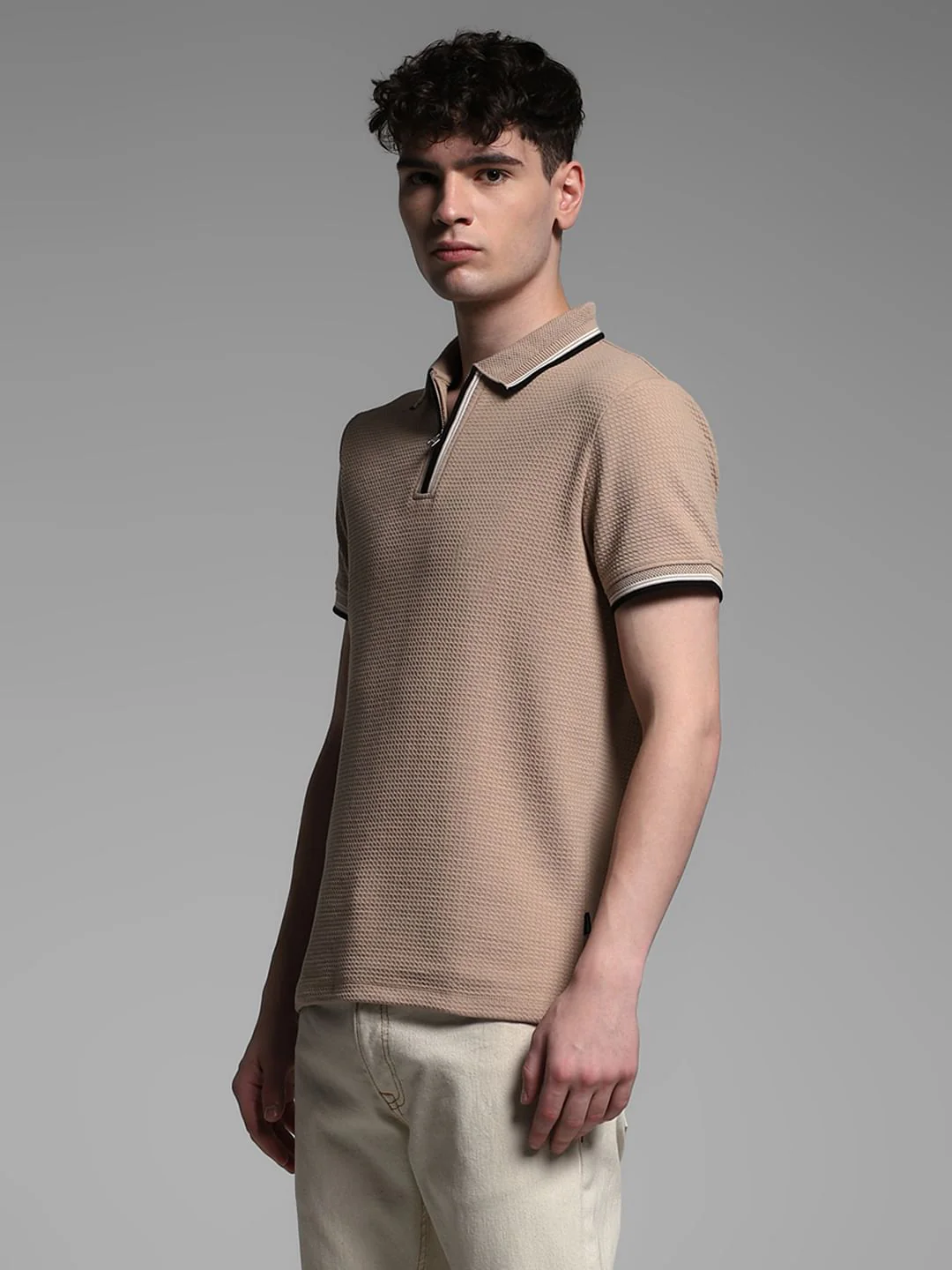Dark Brown Knitted Zip Up Polo - Image 3