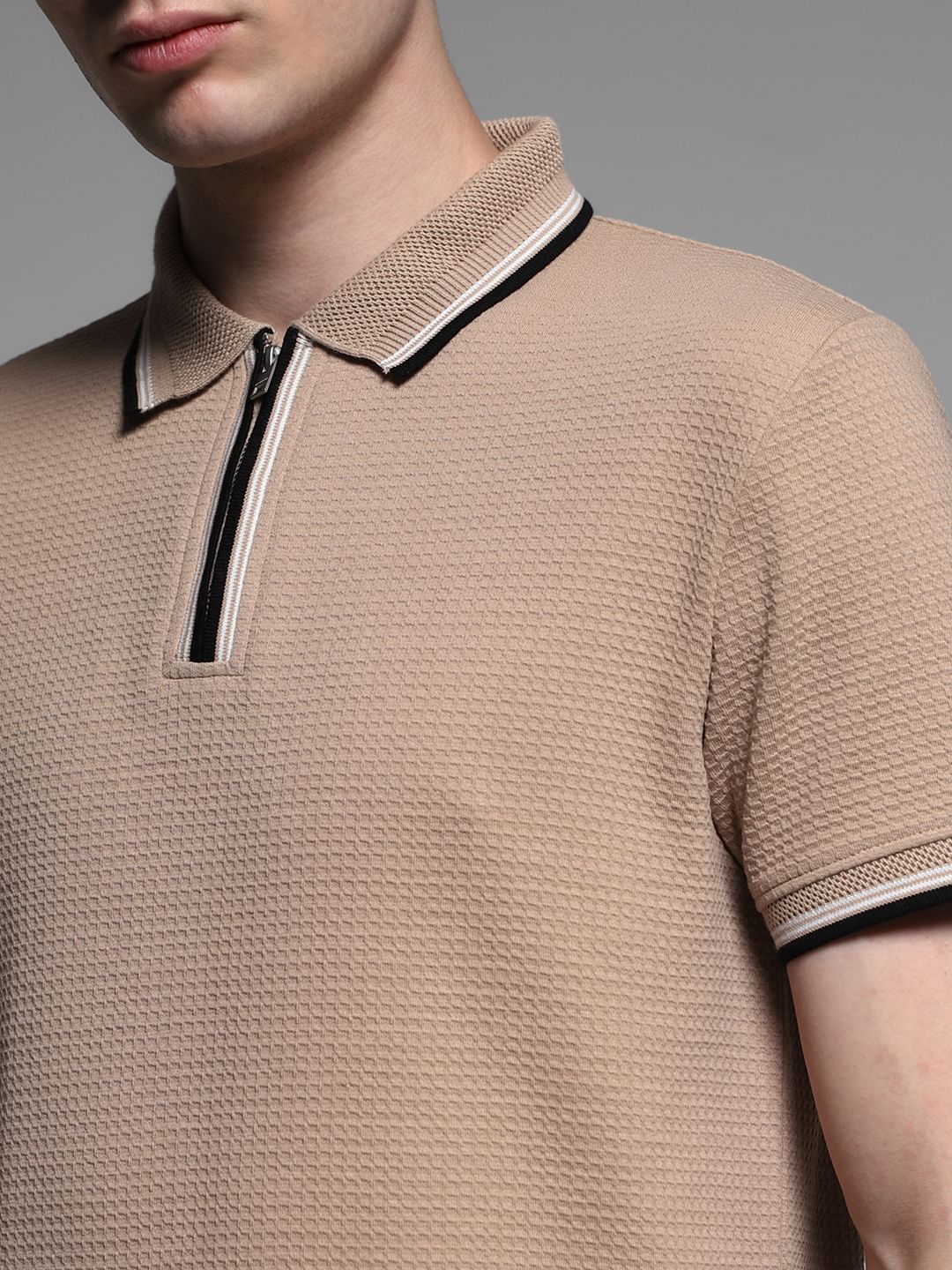 Dark Brown Knitted Zip Up Polo - Image 5