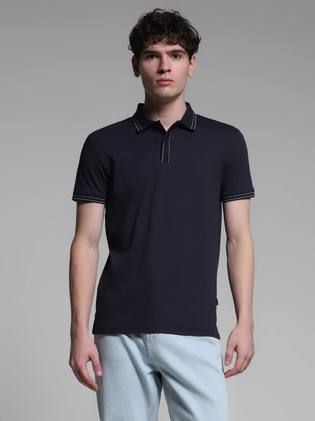 Navy Blue Knitted Cotton Polo - Image 2
